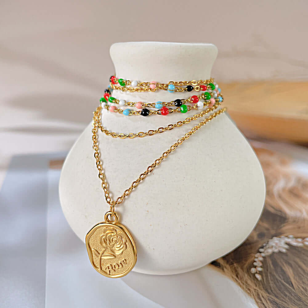 Gold Coin Layering Flower Seed Bead Chain Necklace | GX2310 - Elegant Boho Jewelry for Women, Perfect for Layering, Parties & Everyday Wear