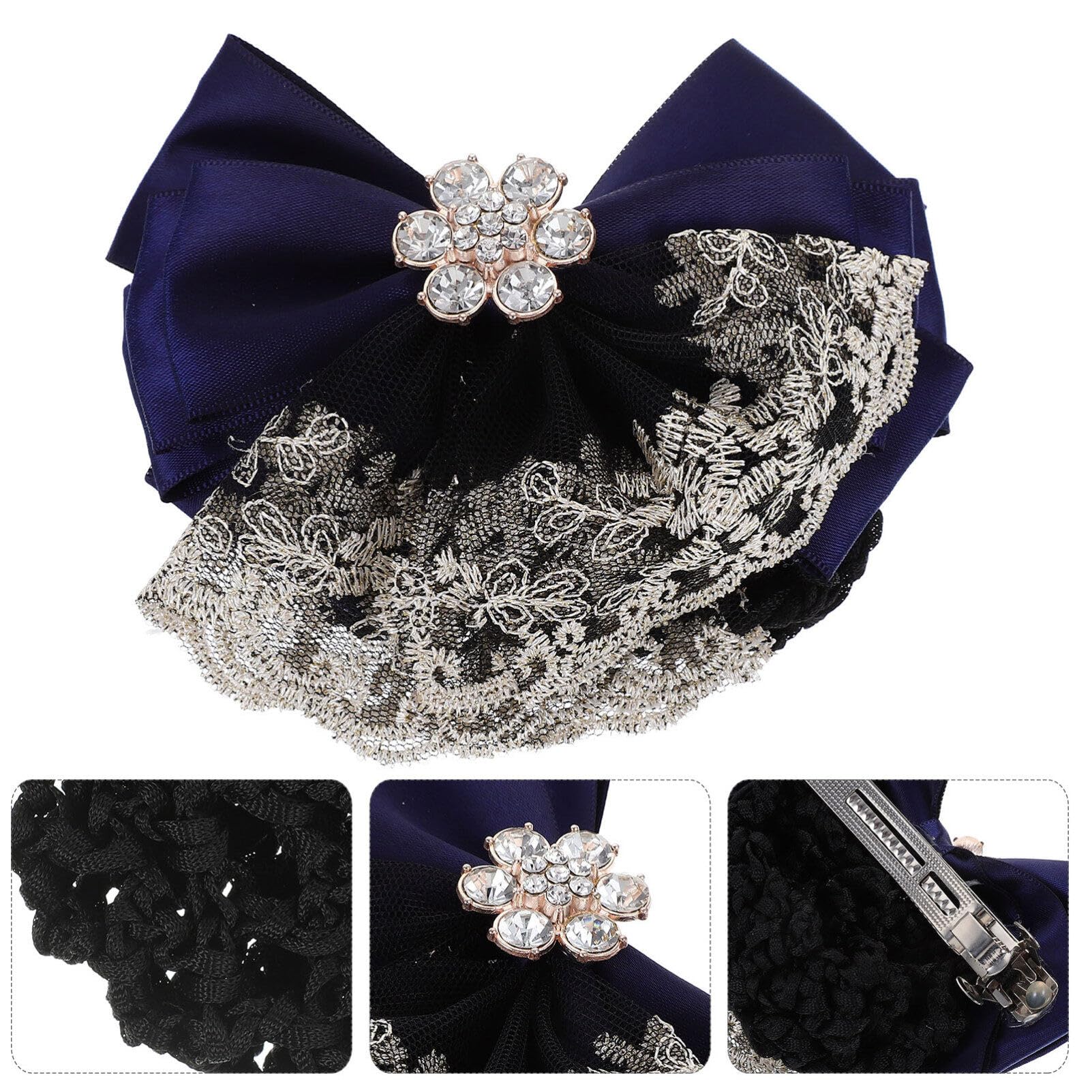 EXCLUZO 2-Pack Women's Hair Clips with Snood Bowknot Hair Net - Barrette Bun Mesh Clip & Hair Flower Net Bag for Banks, Hotels & Restaurant Staff (Blue) | Perfect for Professional Work, Uniform Accessories & Formal Hairstyles