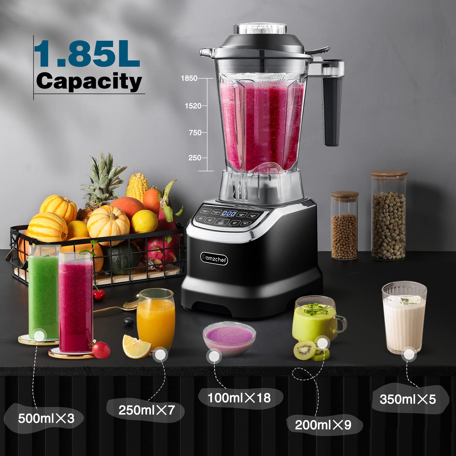 AMZCHEF 1800W Professional Blender for Smoothies, Frozen Drinks, Ice Cream & Soup - 63oz Glass Jar, 20oz Travel Bottle, 4 Functions & 3 Speeds - Powerful Kitchen Blender for Healthy Shakes, Baby Food & Meal Prep (Black)