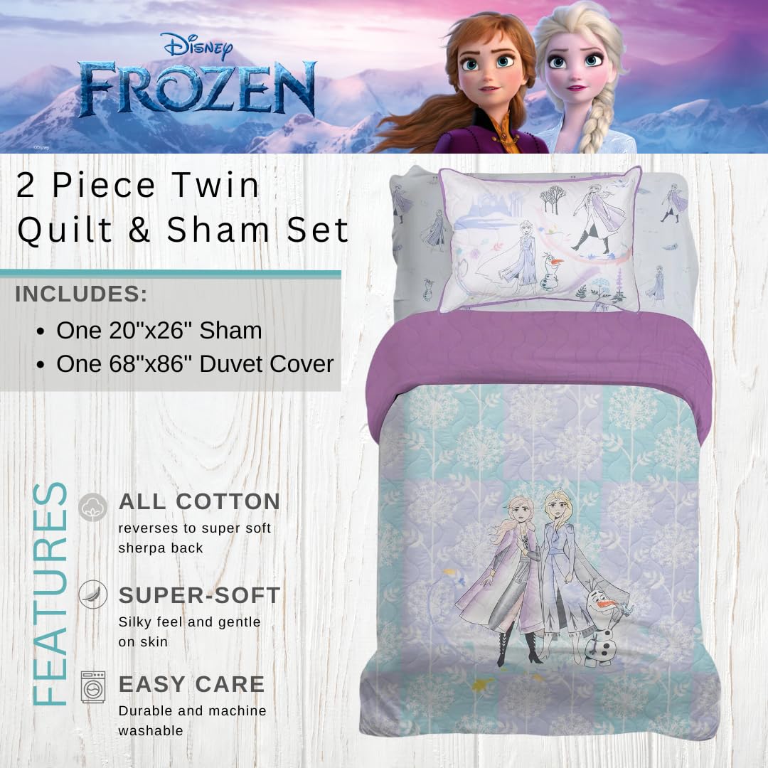 Disney Frozen 2 Kids Bedding Set - Super Soft Premium Organic Cotton Quilt Coverlet with Pillow Sham, 2-Piece Twin Size (Officially Licensed) - Perfect for Kids' Rooms, Birthday Gifts & Themed Bedroom Decor