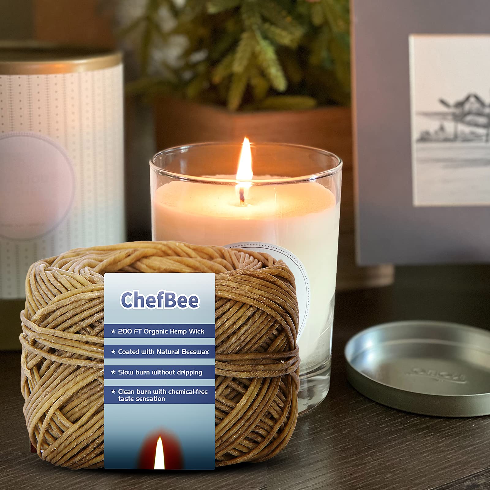 **CHEFBEE 200 FT Organic Hemp Wick - Natural Beeswax Coated for Slow Burning, No Drip - Perfect for DIY Candle Making, Hemp Wick Lighters & Aromatherapy (1.1mm Standard Size)**