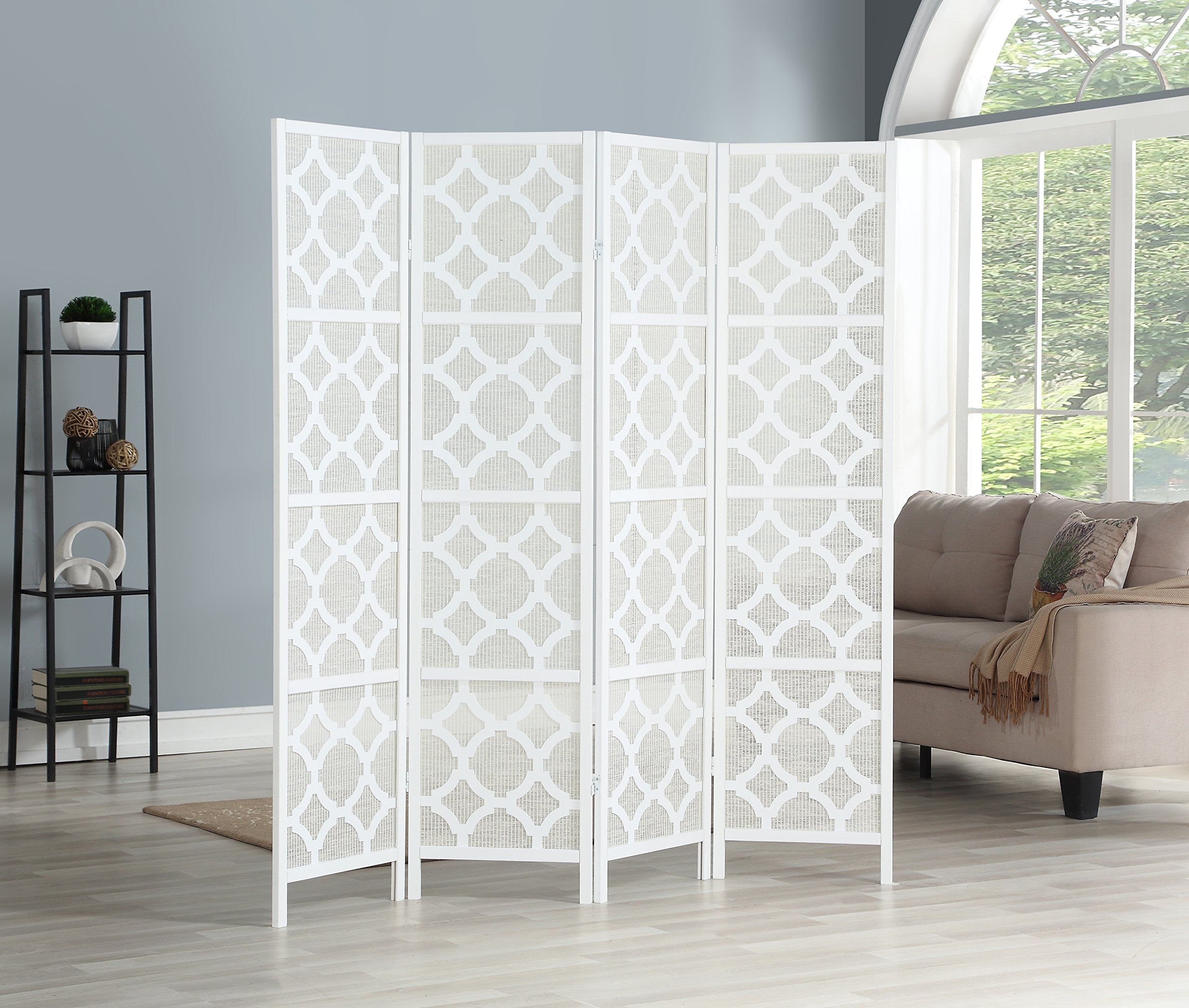 Roundhill Furniture Quarterfoil Diamond Design 4-Panel Room Divider Screen - White for Living Room, Bedroom & Office Partition