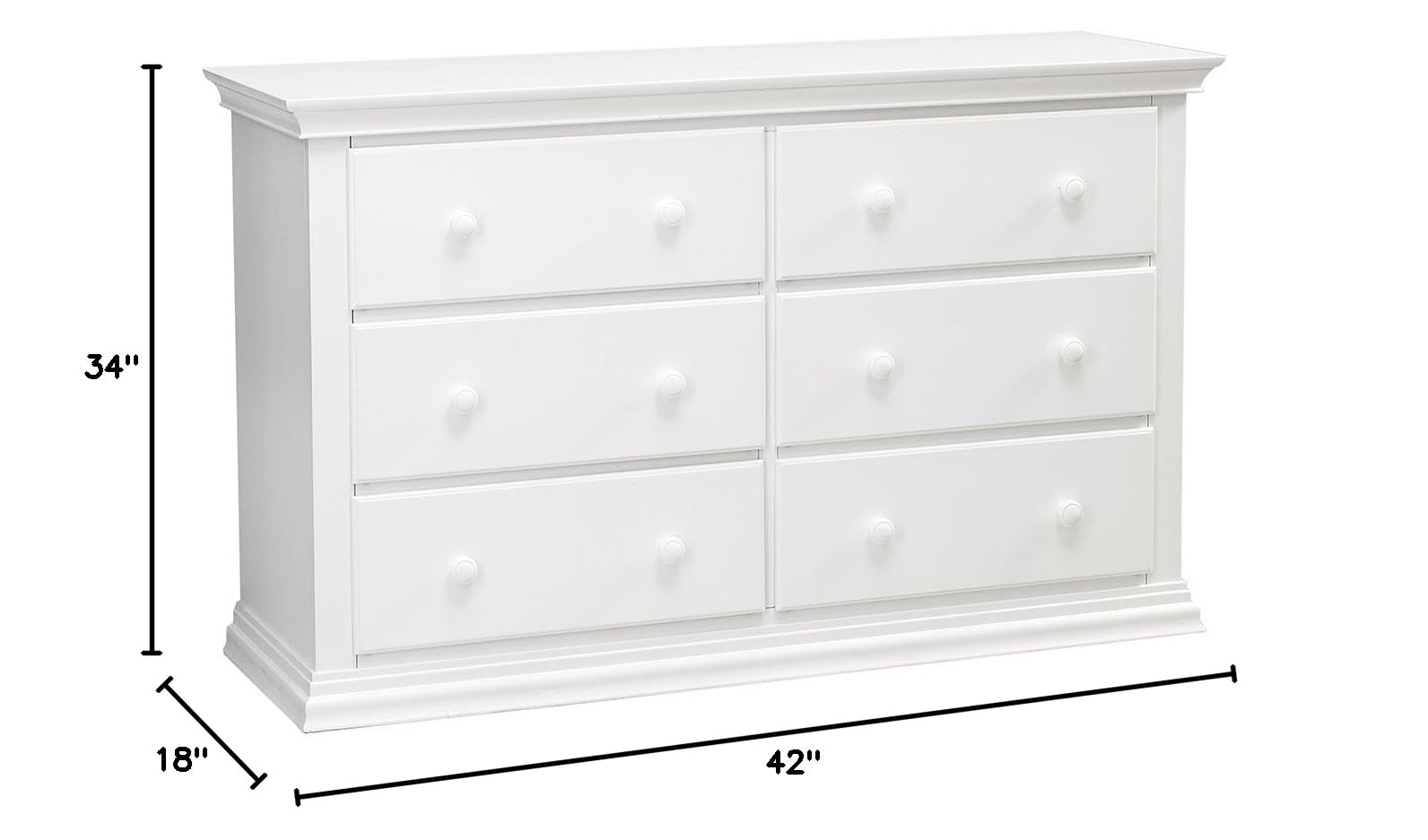 Universal White Hardwood Double Dresser for Nursery & Bedroom - 6 Spacious Drawers with Anti-Tip Kit | Sturdy Wooden Baby Furniture for Storage & Organization | Perfect for Kids' Room, Guest Bedroom & Nursery Decor
