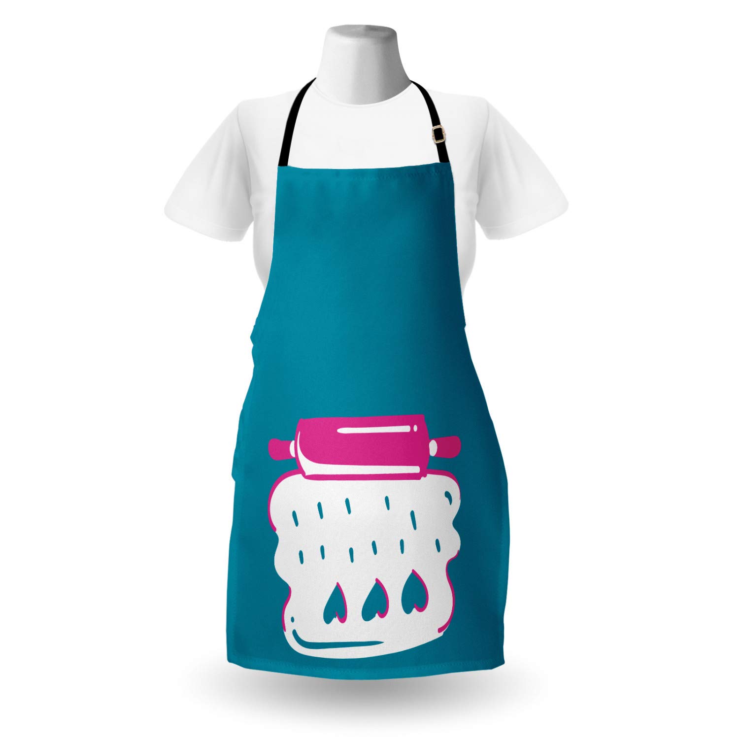 Ambesonne Personalized Chef Apron - Cartoon Baking & Cooking Design with Colorful Rolling Pin Dough Motif - Adjustable Neck Unisex Kitchen Bib for Adults - Dark Turquoise - Perfect for Home Cooking, Baking Parties & Culinary Gifts