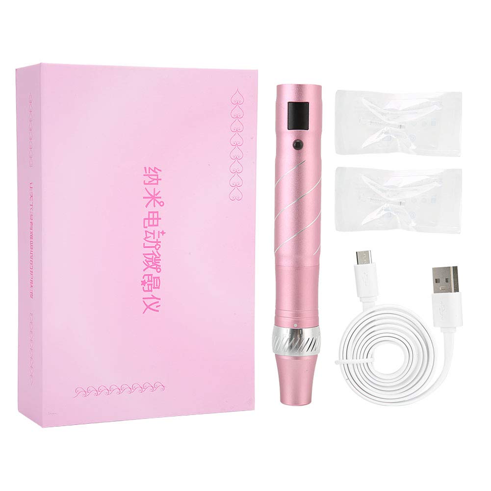 Electric Microneedle Pen with LCD Screen - Pink LED Derma Roller for Face Skin Rejuvenation, Anti-Acne & Anti-Wrinkle Treatment (Includes 2 Micro Needles) | Perfect for At-Home Skincare Routine & Professional Spa Use