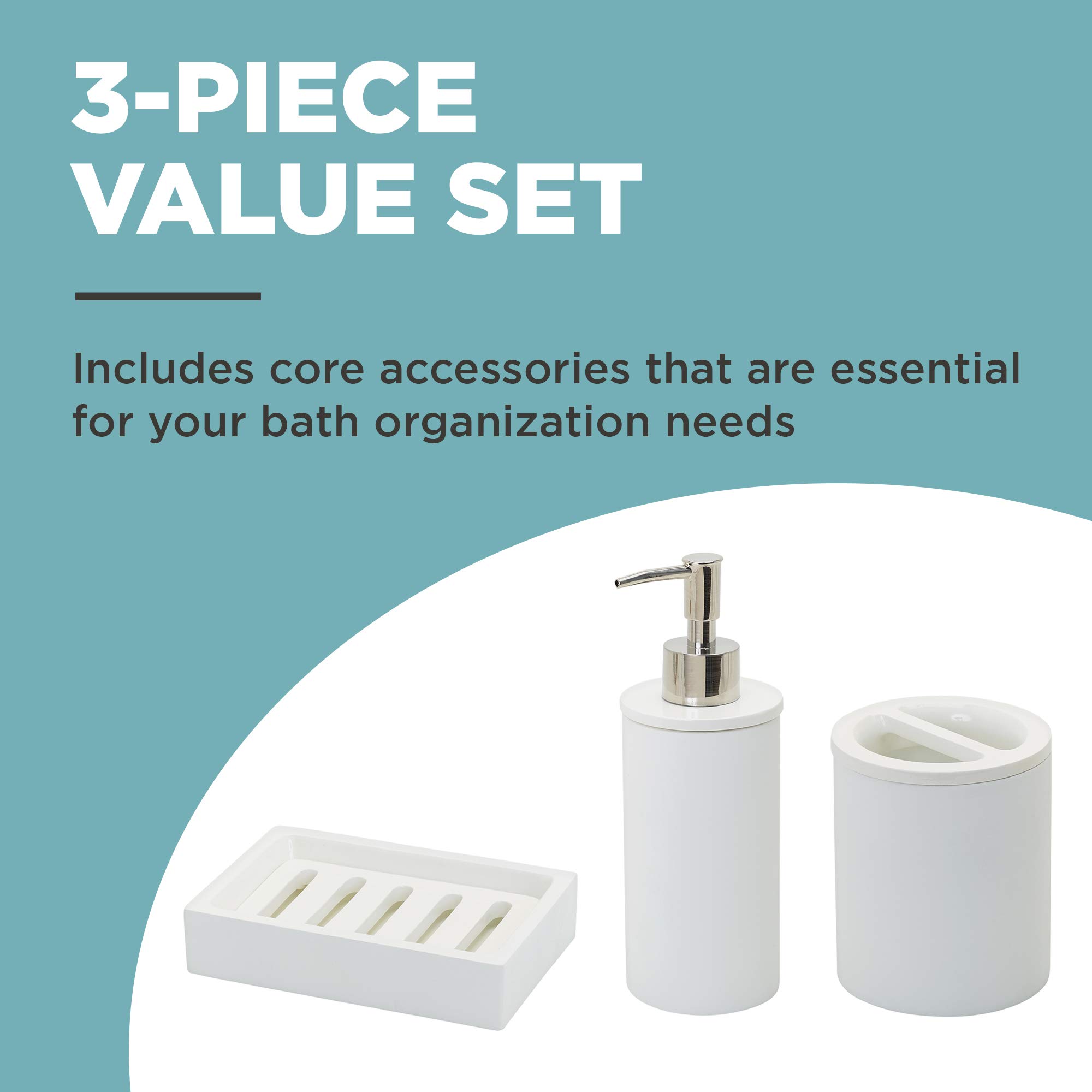 Zenna Home 3-Piece Smart Bathroom Accessory Set - White Toothbrush Holder, Soap Dispenser & Soap Dish | Modern Vanity Organizer for Home & Hotel Bathroom Decor