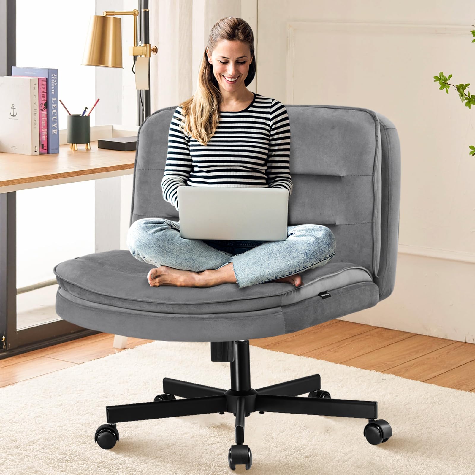 Criss Cross Legged Office Chair with Wheels - Armless Swivel Desk Chair, Wide Seat & Height Adjustable Mid Back - Perfect for Home Office, Computer Work & Vanity Desks
