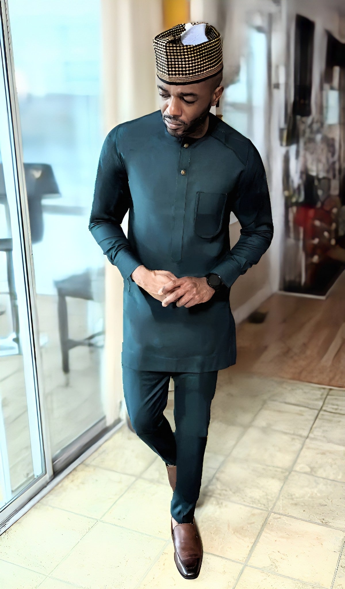 Stylish African Nigerian Senator Dashiki Suit Set - Emerald Green Top & Pants DPXSC342 | Perfect for Cultural Events, Weddings & Special Occasions