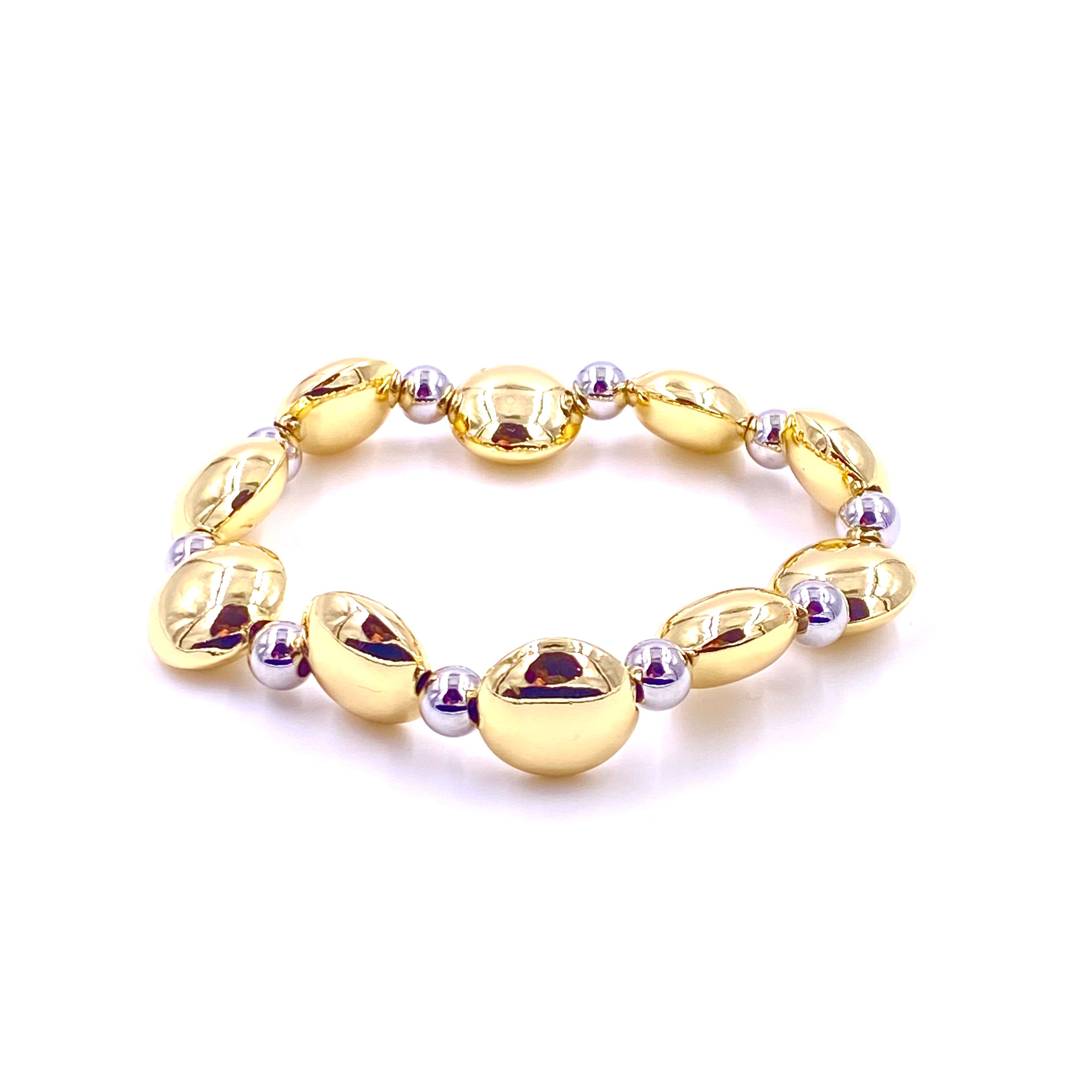 Ashley Gold Stainless Steel Round Flat Ball Beaded Stretch Bracelet for Women - Elegant Adjustable Fashion Jewelry for Parties, Weddings & Everyday Wear