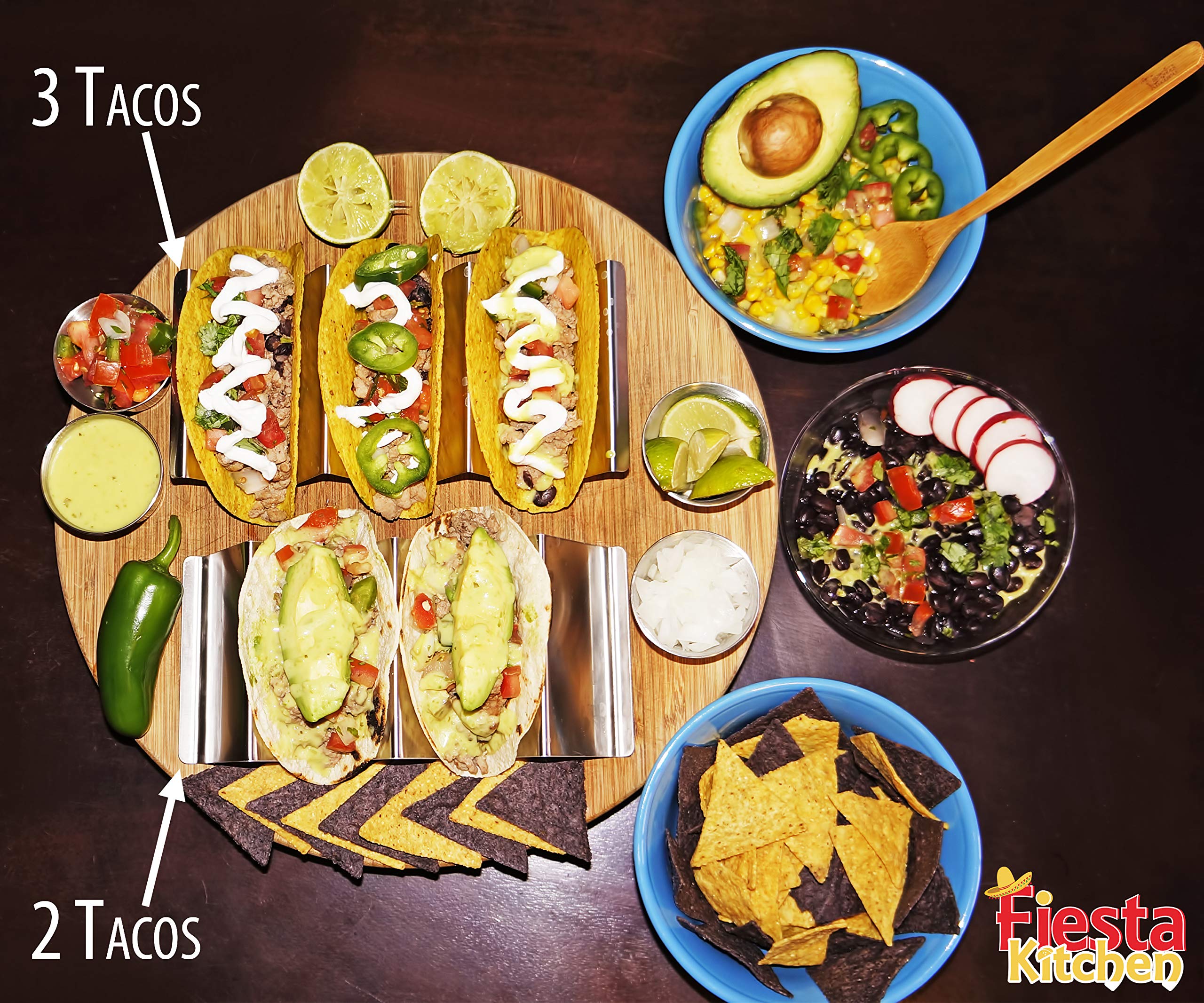 Stainless Steel Taco Holder Stand Set of 10 - Oven & Grill Safe Taco Racks with Handles for Easy Filling & Serving - Perfect for Taco Parties, BBQs & Mexican Food Nights - Fiesta Kitchen Taco Trays