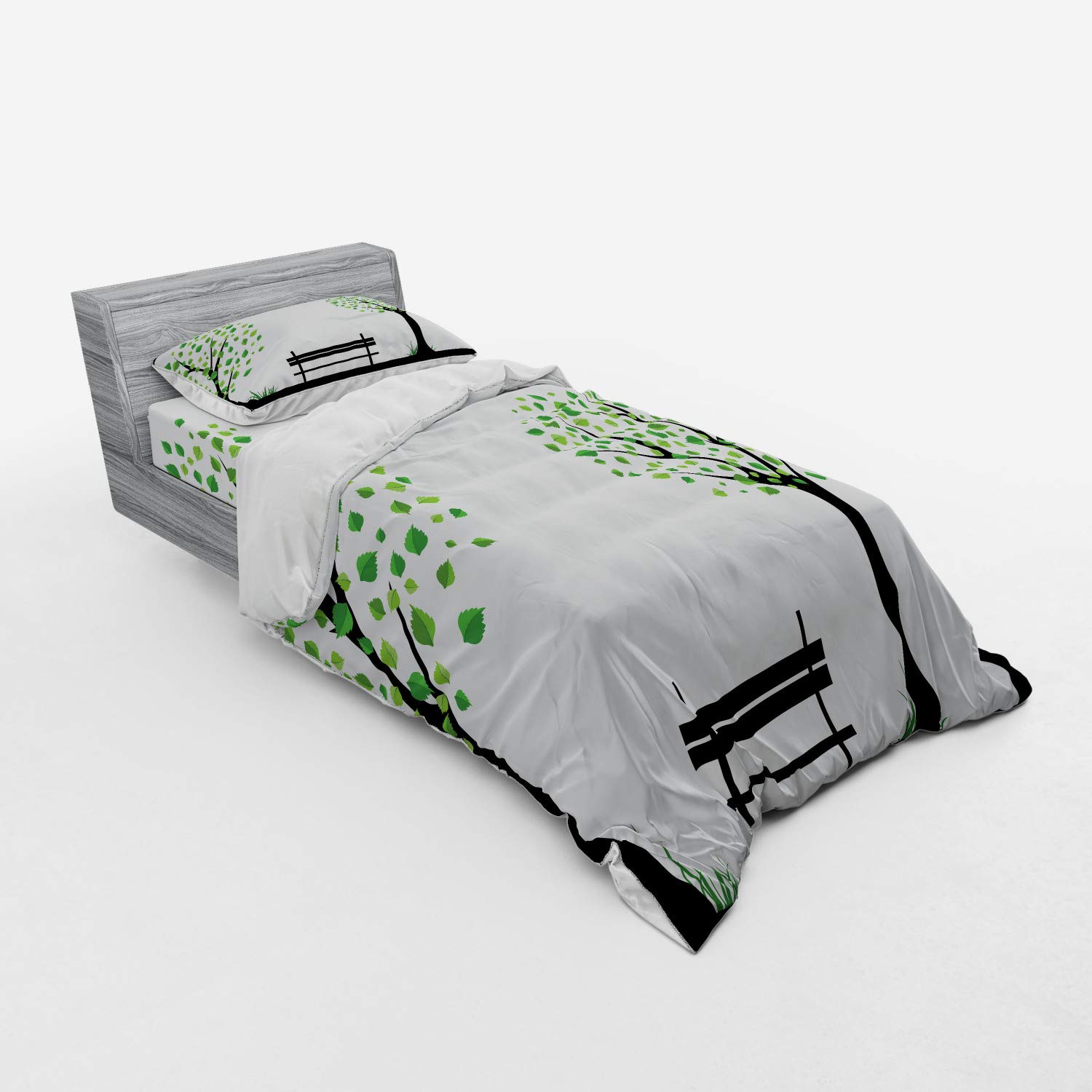 Ambesonne Bohemian Leaf Print Duvet Cover Set - 3 Piece Twin XL Bedding with Sham & Fitted Sheet - Minimalist City Design with Green Black Leaf Patterns - Perfect for Boho Chic Bedrooms & Guest Rooms