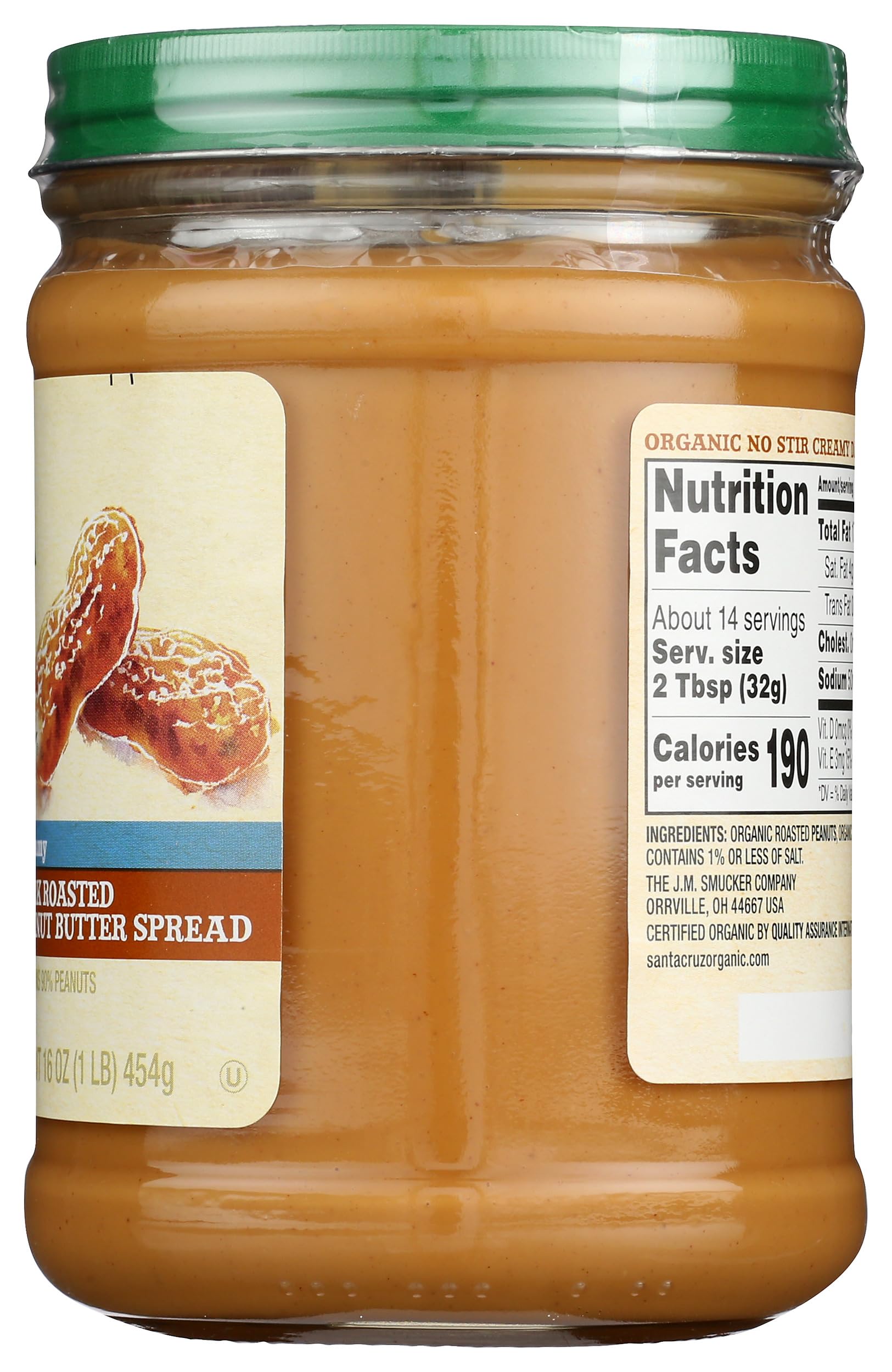 SANTA CRUZ ORGANIC No Stir Dark Roast Creamy Peanut Butter Spread - 16oz Jar | Non-GMO, Gluten-Free | Perfect for Sandwiches, Smoothies & Healthy Snacks
