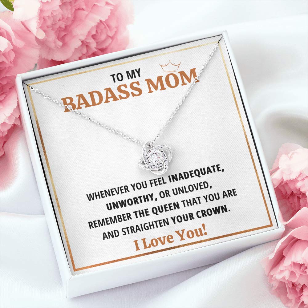Badass Mom Queen Love Knot Pendant Necklace - Personalized Gift from Daughter or Son for Mother's Day with Message Card & Gift Box | Perfect for Birthday, Anniversary, Christmas & Special Occasions