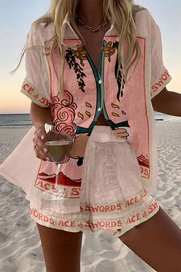 Tarot Print Loose Fit Button Fly Elastic Waist Shorts Set - Women's Casual Summer Outfit for Yoga, Beach & Boho Style