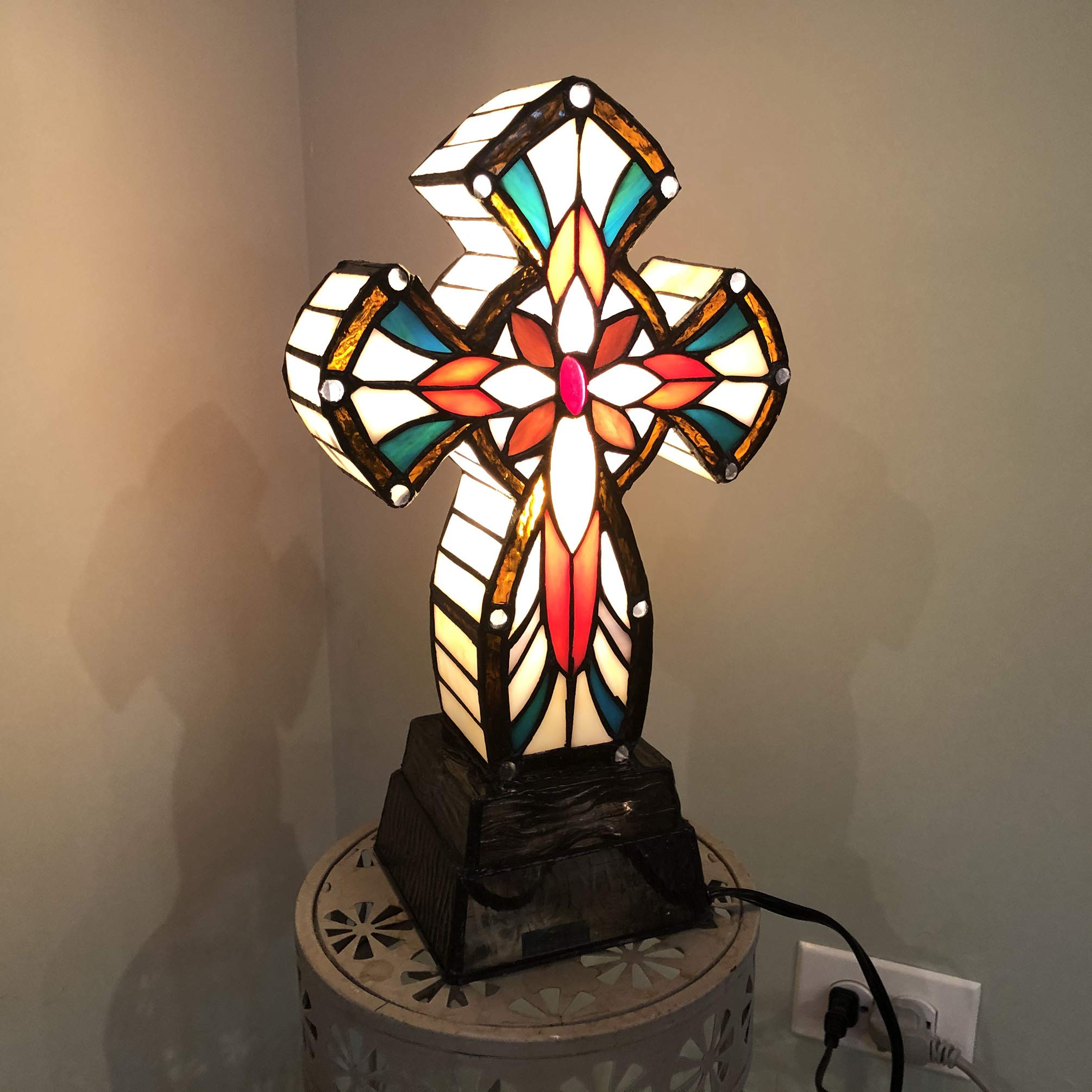 FixtureDisplays Tiffany Style Lighted Cross Tabletop Decor - Stainless Steel & Glass Christian Gift with LED Lamp (7.5