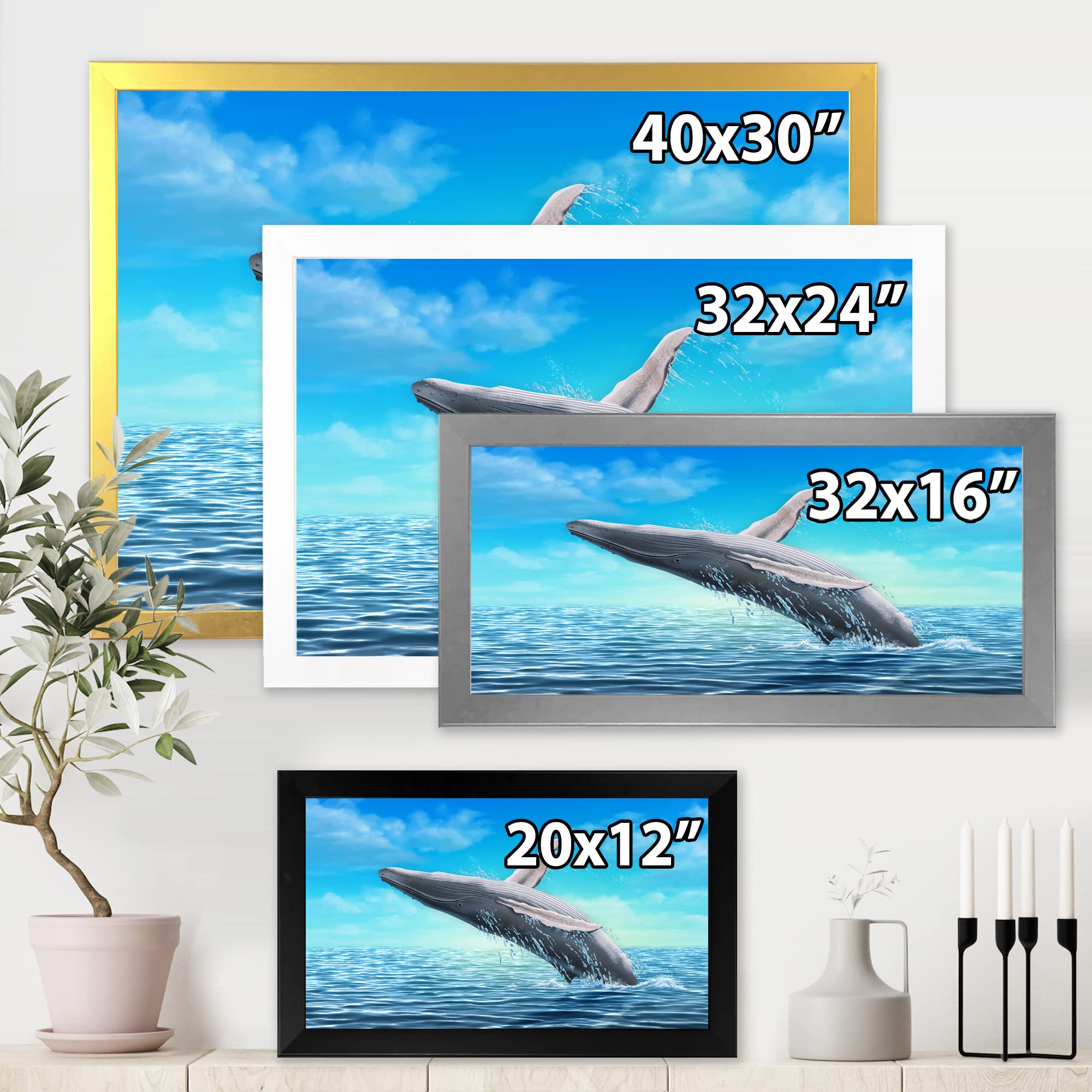 DesignQ Humpback Whale Jumping Framed Wall Art - Coastal Farmhouse Decor for Living Room, Bedroom & Office - Ocean Themed Home Decor