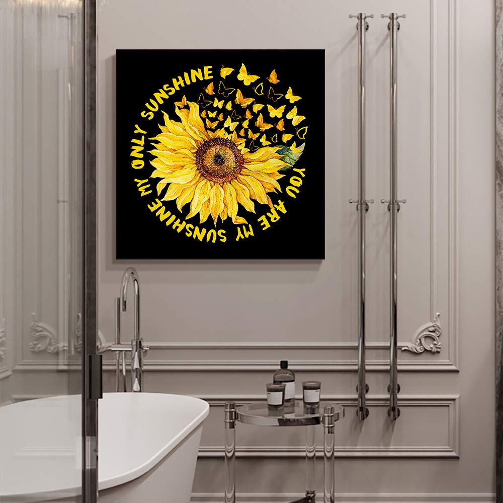 Sunflower Canvas Wall Art 28x28 Inch - Yellow Flowers & Butterflies Painting on Black Backdrop for Living Room, Office & Home Decor - Ready to Hang Wall Artwork for Modern Interior Design & Housewarming Gifts