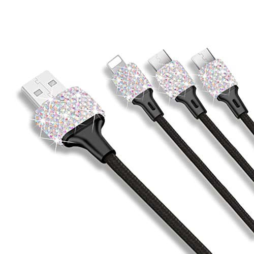 Hidoer Bling Bling 4ft Nylon Braided Charging Cable - 3-in-1 USB C/Micro USB Fast Charger Cord with Crystal Decoration for Android Phones, Tablets, Samsung, iPhone | Stylish Phone Accessories for Women & Girls (Multicolor) | Perfect for Home, Office, Travel & Gift Giving
