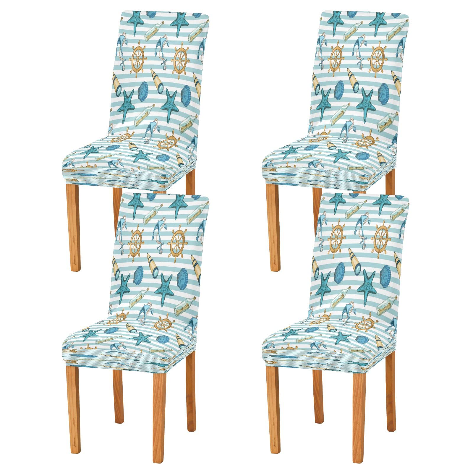 Anchor Teal Starfish Seashell Chair Covers - Washable Dining Room Slipcovers (2-Pack) | Waterproof Seat Protectors for Home, Kitchen, Restaurant & Hotel | Perfect for Coastal Decor & Beach-Themed Events