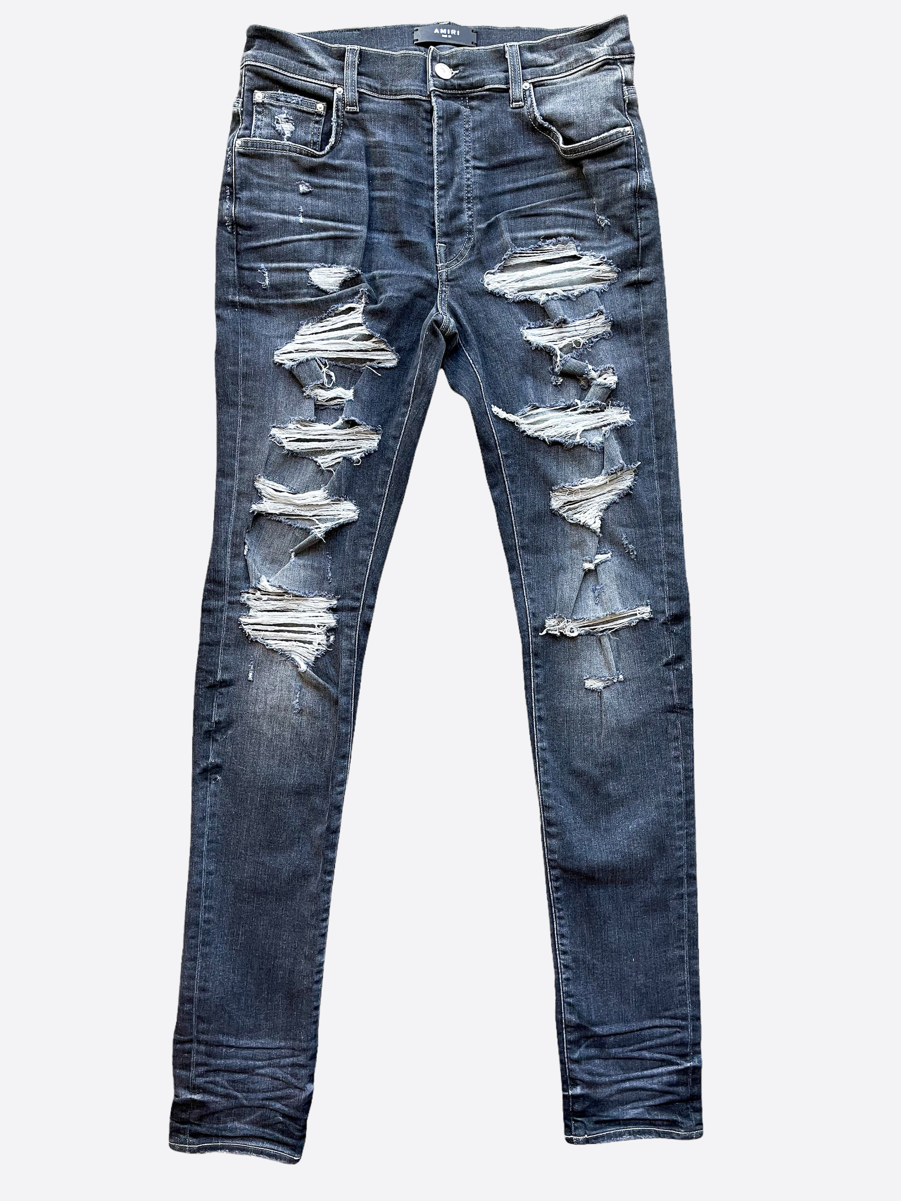 Amiri Grey Distressed Thrasher Denim Jeans for Men - Vintage Washed Slim Fit Ripped Skinny Jeans | Perfect for Streetwear, Casual Outfits & Night Out