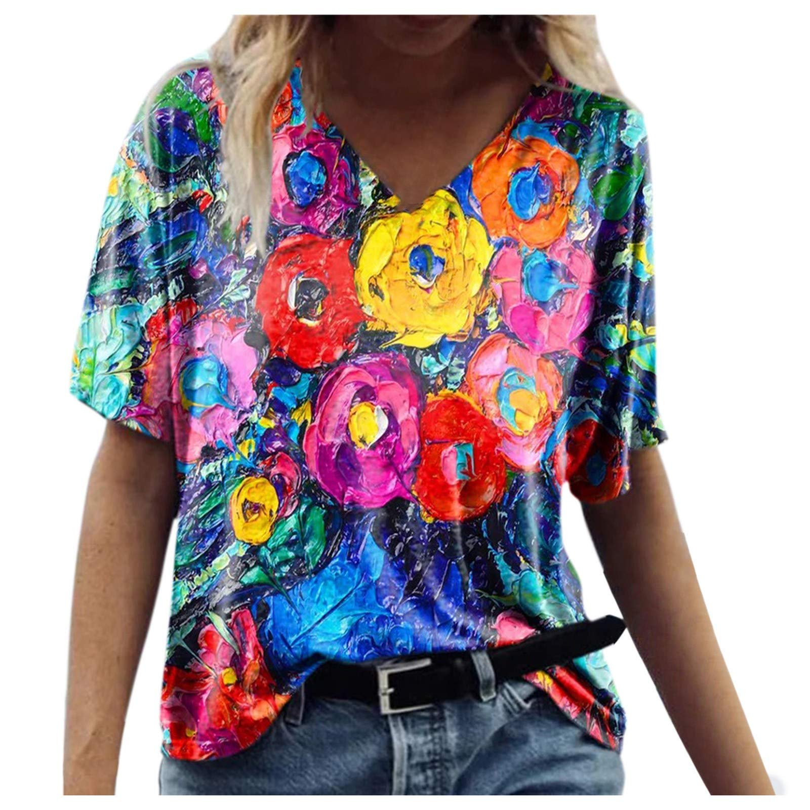 Women's Summer V-Neck Short Sleeve T-Shirt - Cute Printed Casual Blouse & Loose Fit Graphic Tee - Perfect for Beach Outings, Weekend Wear & Summer Fashion