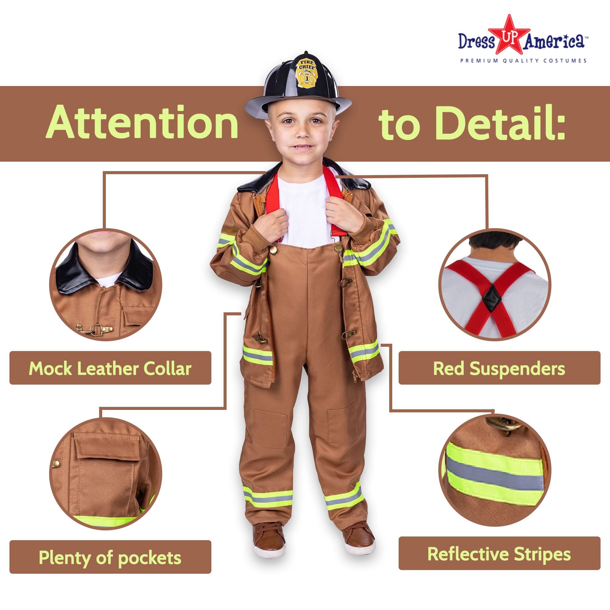 Firefighter Costume for Kids - Realistic Fireman Dress Up Set with Hat & Badge - Role Play Pretend Play for Halloween, Parties & Career Day