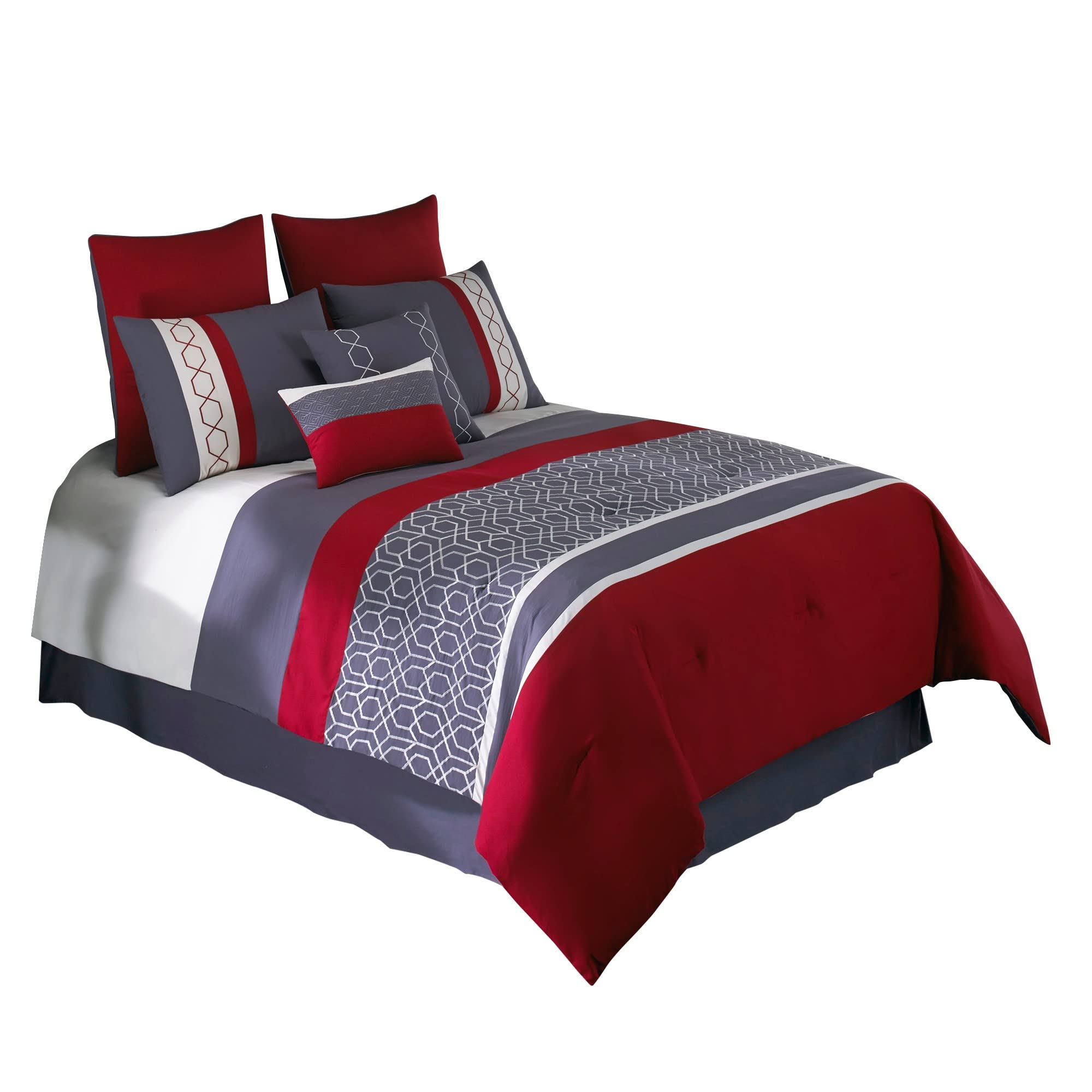 Benjara 8-Piece King Comforter Set - Printed Trellis Pattern in Red | Luxury Bedding for Master Bedroom & Guest Room Decor