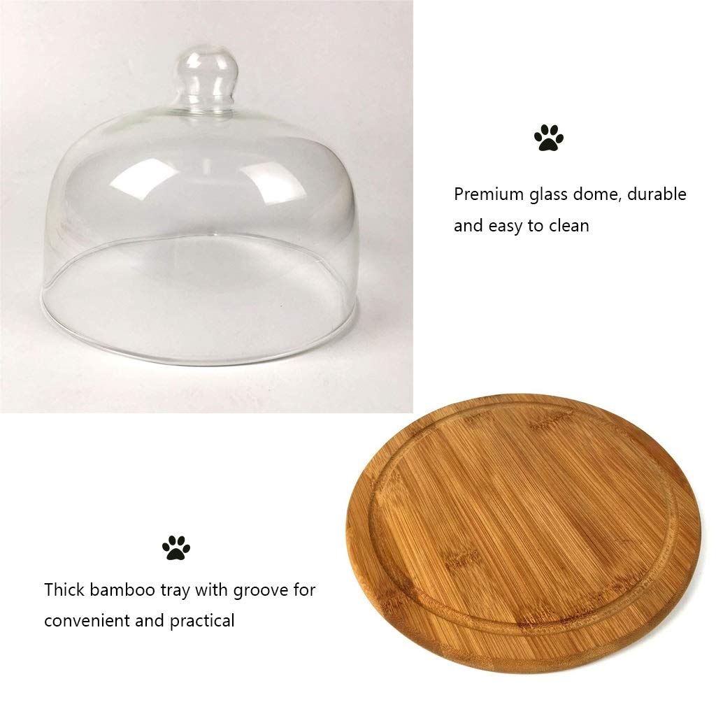 Wooden Pastry Plate with Glass Dome Lid - 30x30x20cm Snack Tray for Desserts, Fruits, Salads, Chips & Dips - Perfect for Tea Parties, Picnics, and Home Decor