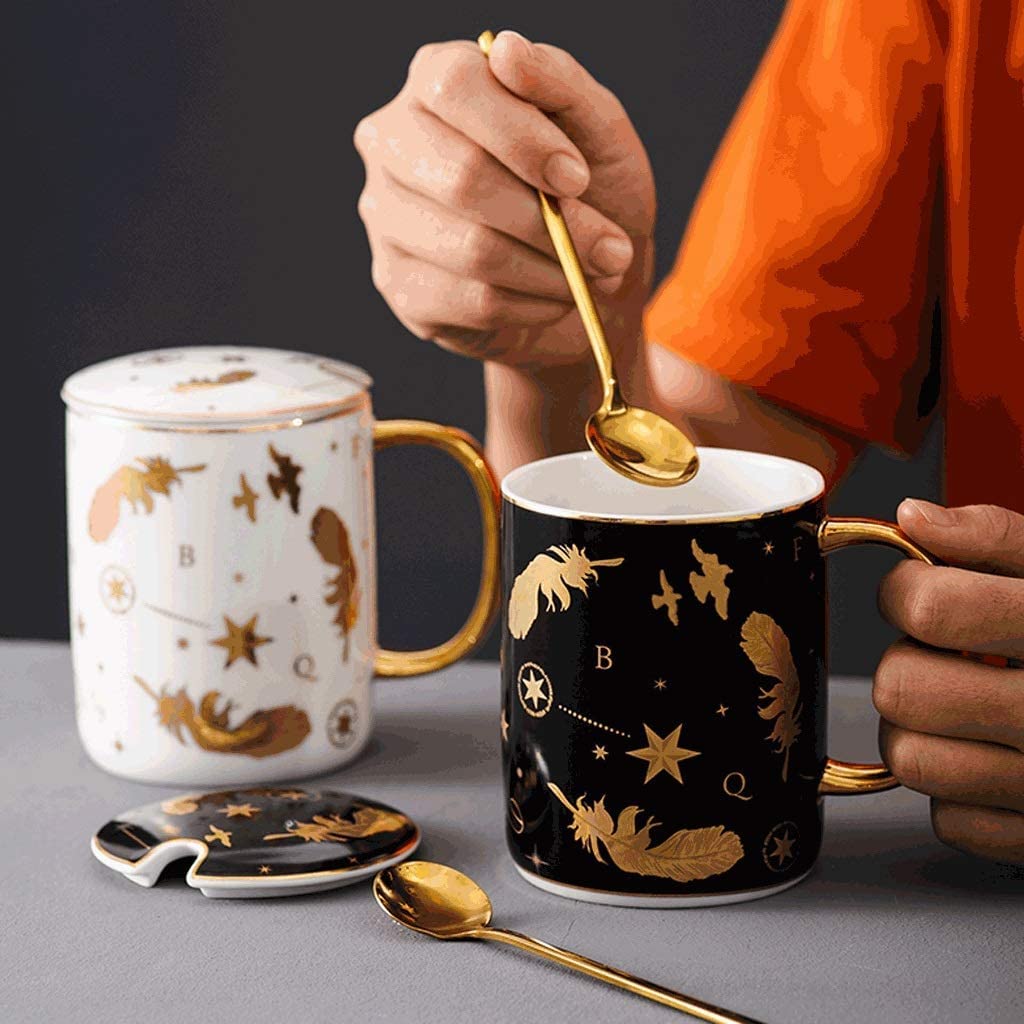 Habrur Ceramic Coffee Mug with Lid & Spoon Set - 12oz Starry Sky Design, White Gold - Perfect for Home, Office, Gift - Ideal for Coffee, Tea, Hot Chocolate