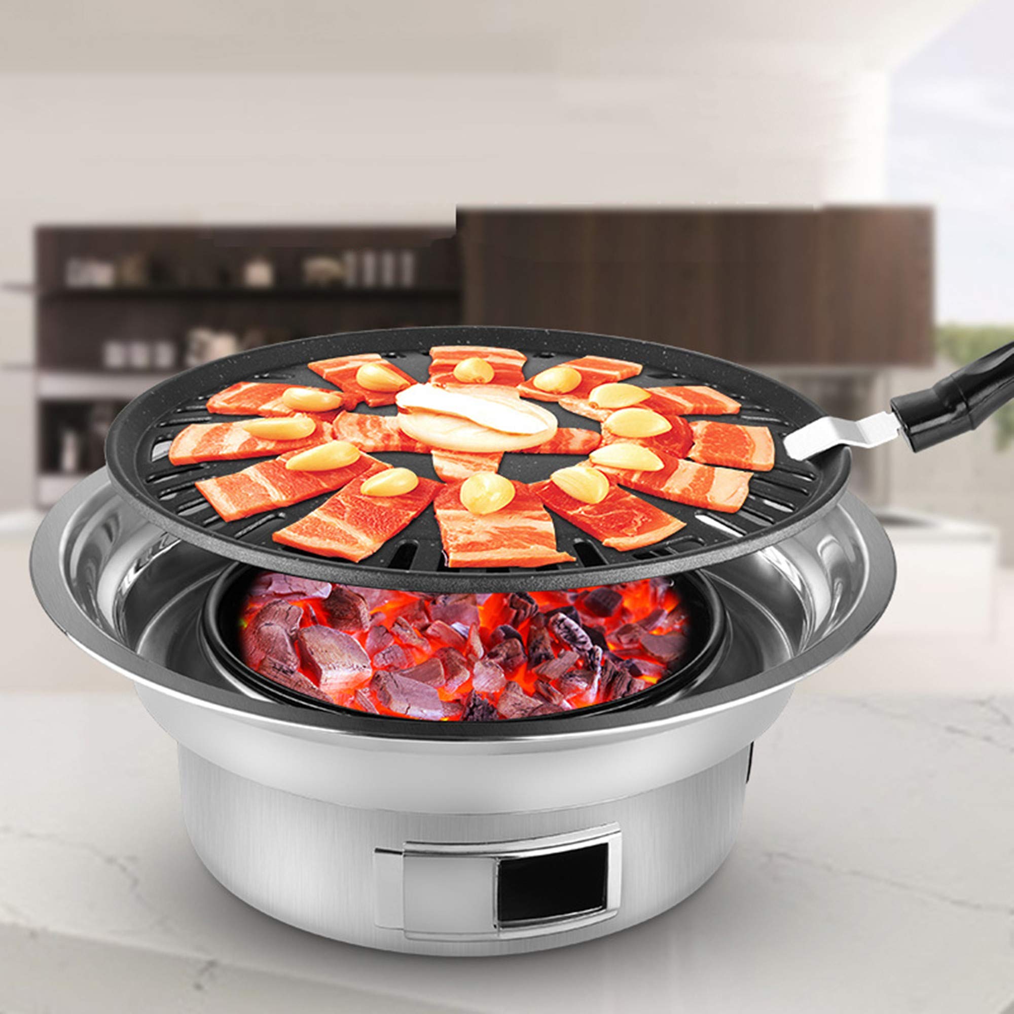 15 Inch Portable Stainless Steel Round Charcoal BBQ Grill - Tabletop Barbecue Grill for Outdoor Cooking, Picnics, Garden Parties, Terrace Dining & Camping Trips