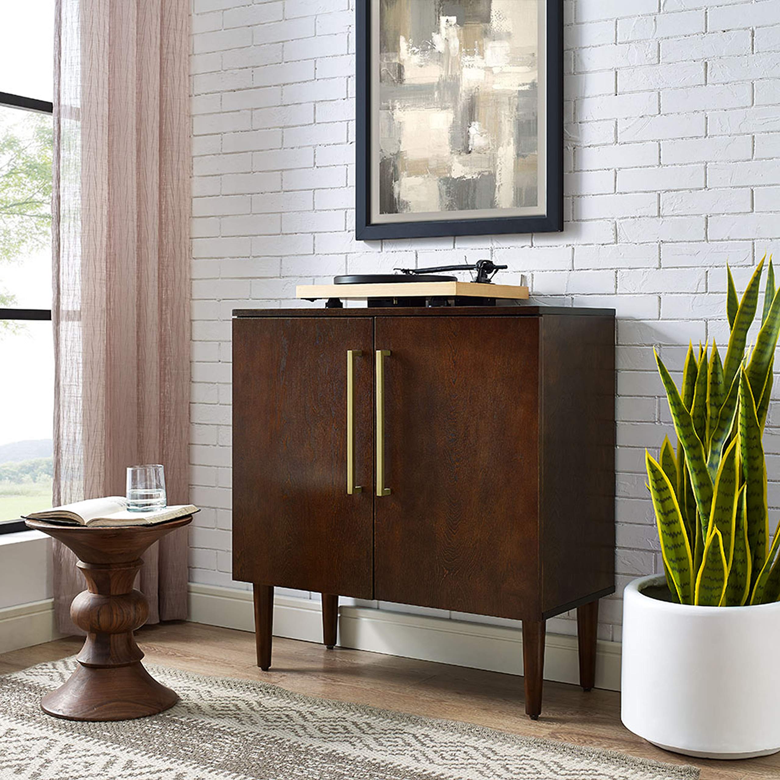 Crosley Everett Mahogany Storage Cabinet & Vinyl Record Player Stand with Records Holder - Perfect for Living Room, Home Theater & Music Room Organization