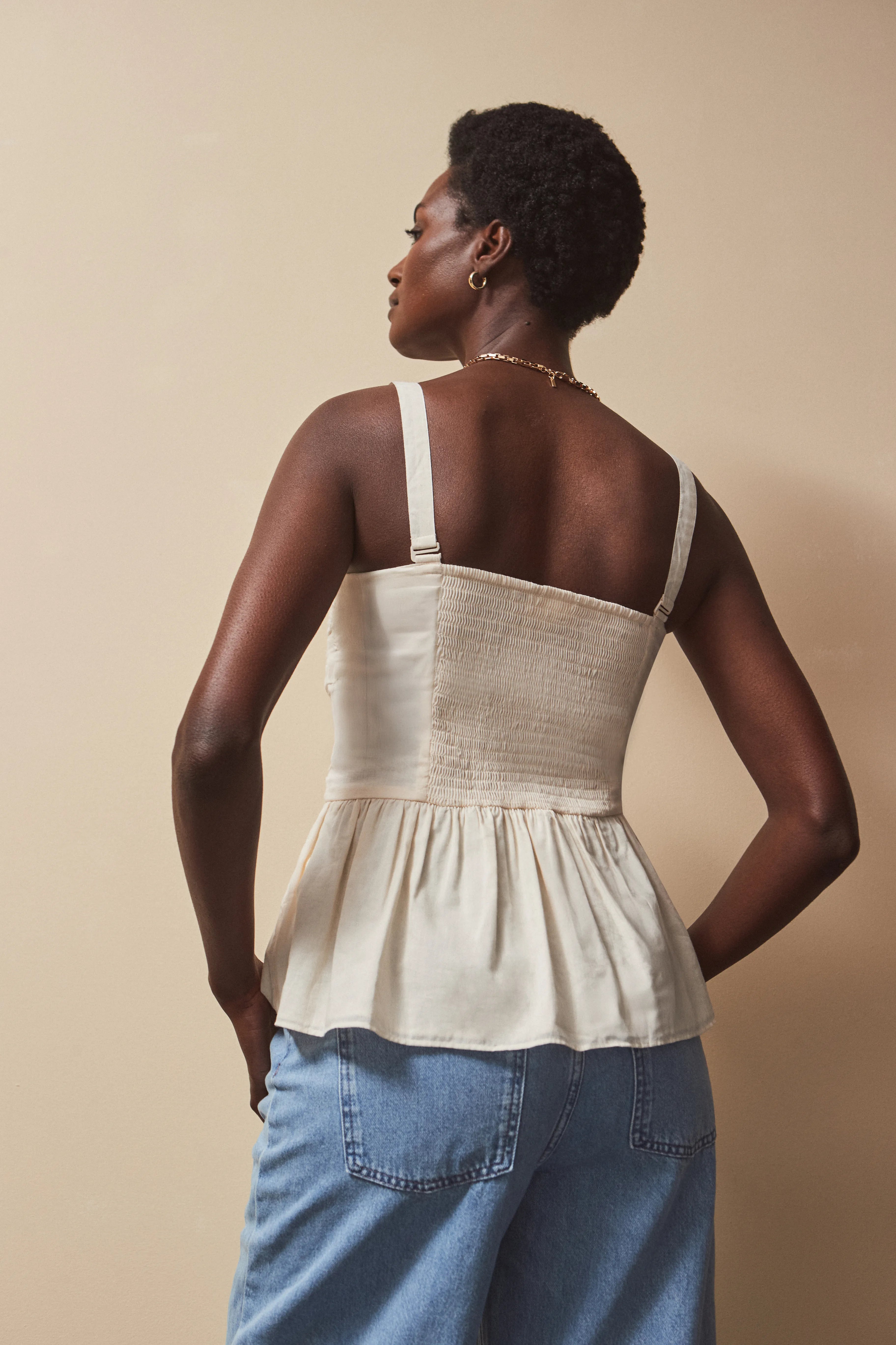 Stylish Multi-Way Cream Cotton Ruched Peplum Top for Women | Versatile Layering Piece for Casual Outfits, Date Nights & Office Wear