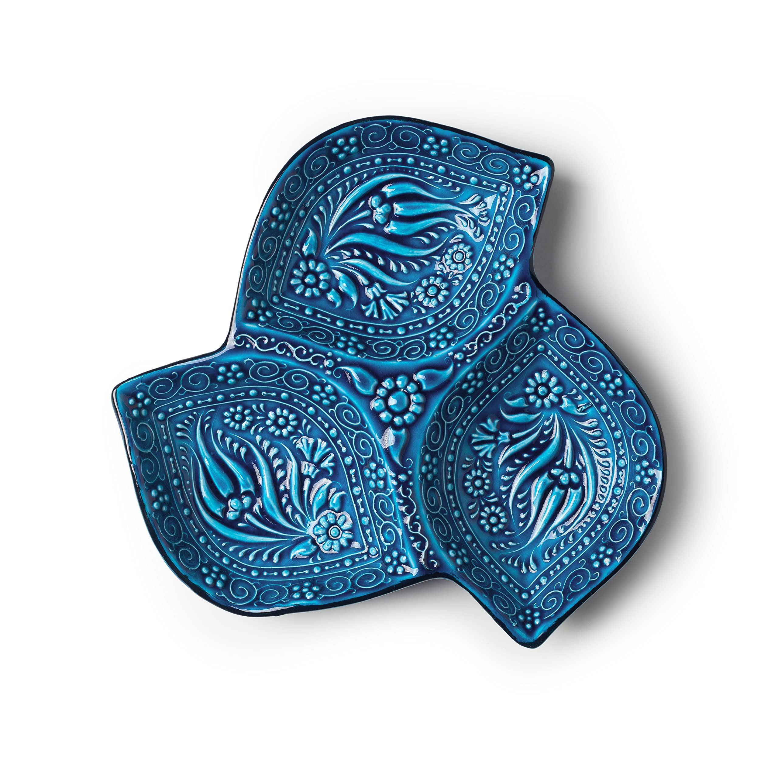 Leaf Shaped Ceramic Appetizer Plate - 3 Compartment Snack Tray with Floral Pattern, Blue Divided Serving Platter for Fruits, Dips & Charcuterie | Elegant Embossed Dinnerware for Parties, Picnics & Home Decor