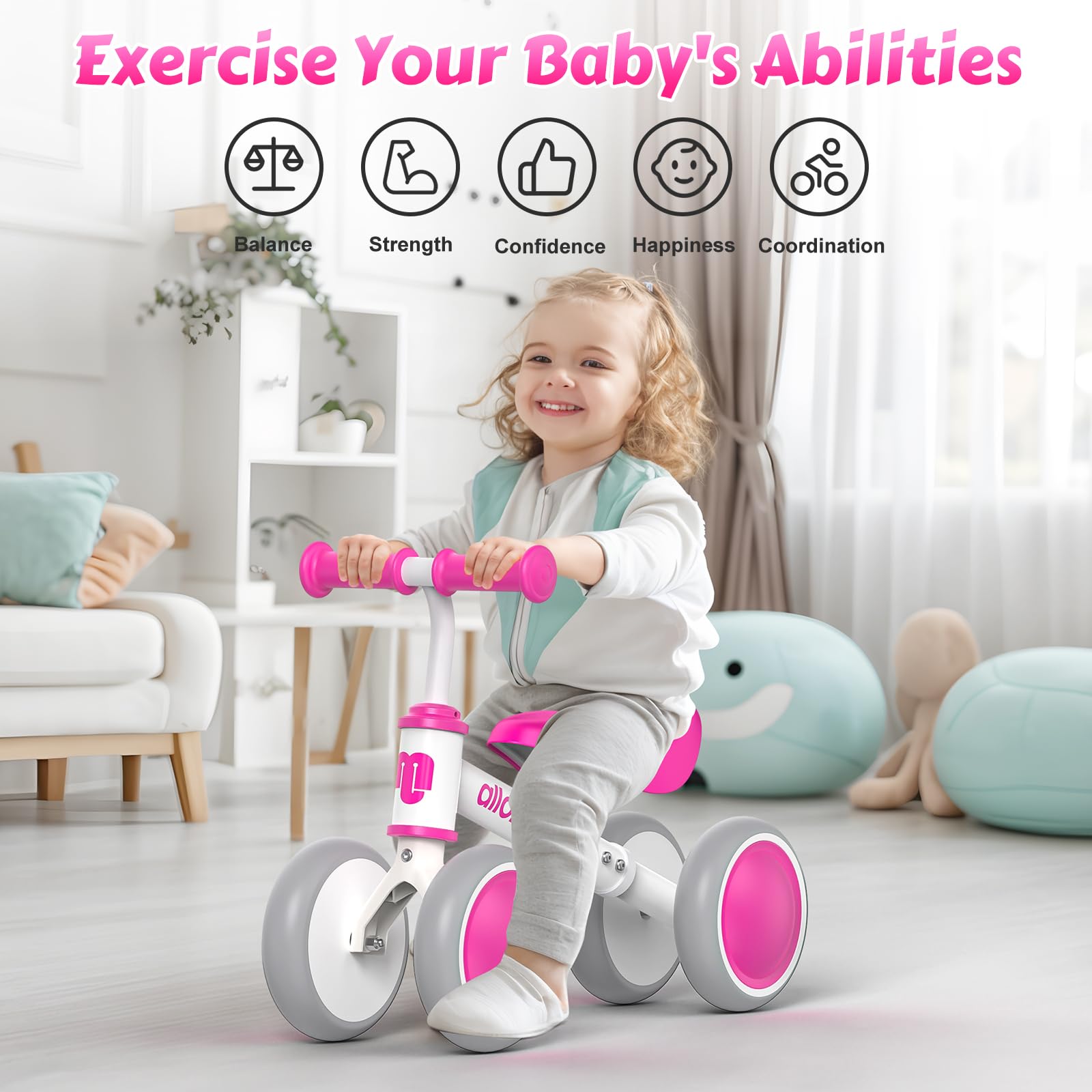 Allobebe Baby Balance Bike for Toddlers 12-36 Months - Adjustable Seat, Silent 3 Wheels, First Bike Gift for 1 Year Old Girls & Boys - Perfect for Learning to Walk, Run & Ride Indoors/Outdoors