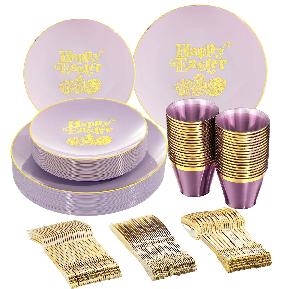 150-Piece Easter Party Tableware Set - Purple & Gold Disposable Plates, Forks, Knives, Spoons & Cups for Easter Celebrations - Perfect for Easter Brunch, Egg Hunts & Spring Gatherings