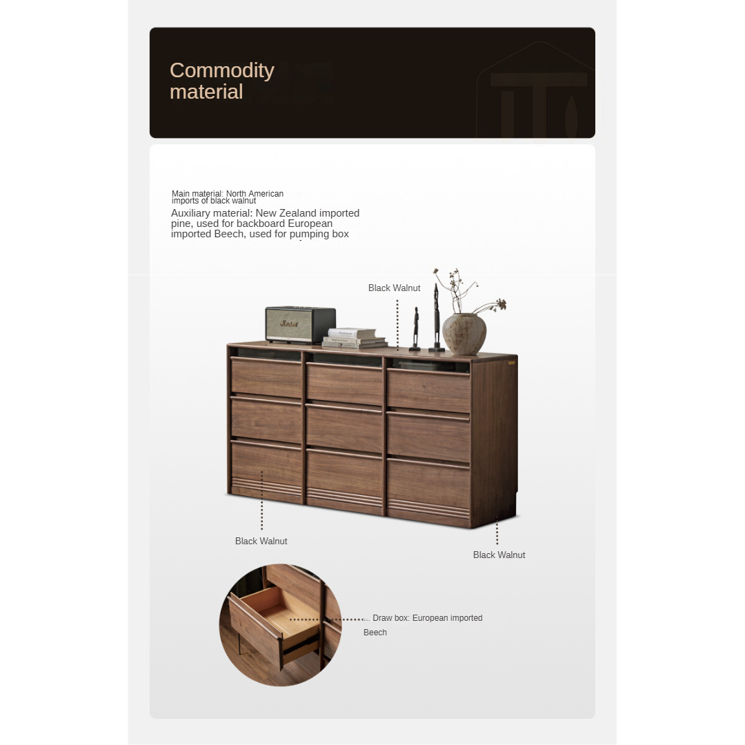 Premium Black Walnut Solid Wood Dresser with 6 Drawers - Handcrafted Wooden Storage Chest for Bedroom, Living Room & Office Organization