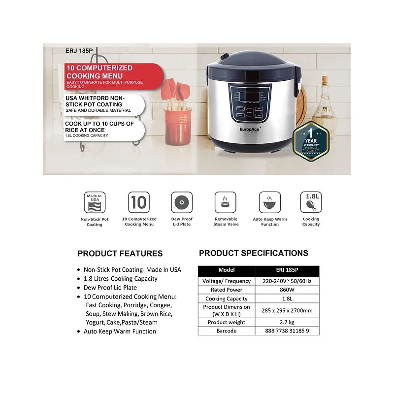 Europace ERJ185P 10-Cup Multi-Function Rice Cooker with Steamer & Slow Cooker - Perfect for Cooking Rice, Steaming Vegetables, and Making Soups for Family Meals