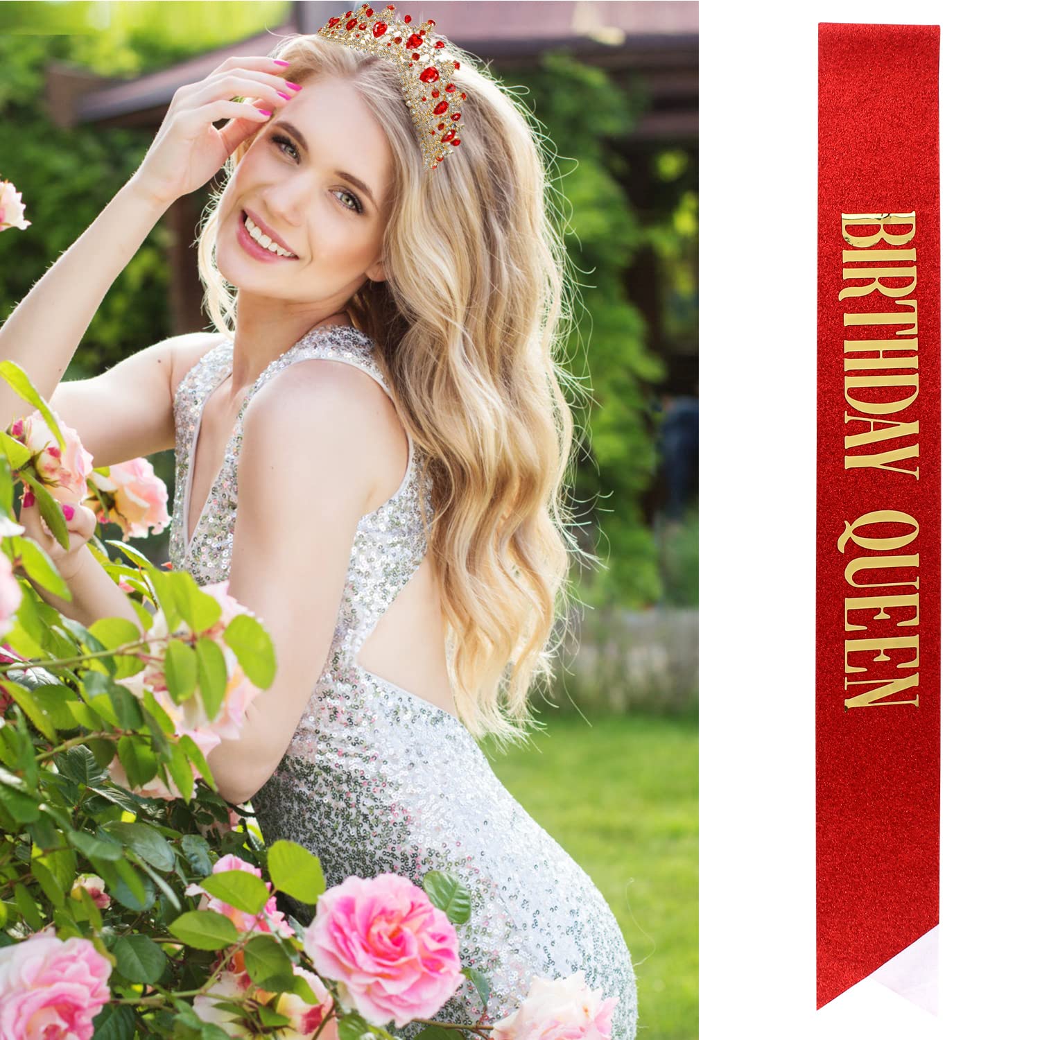 Elegant Women's Birthday Crown & Tiara Set - Red Velvet Queen Sash & Birthday Accessories for Women - Perfect for Birthday Parties, Bachelorette Celebrations & Special Occasions