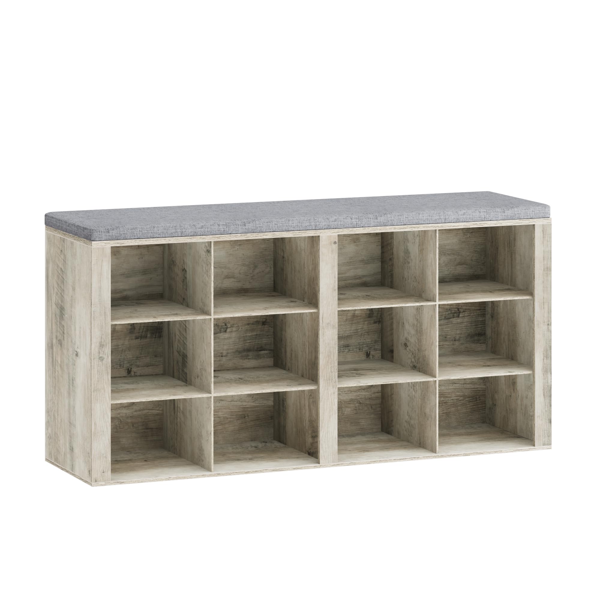 Shoe Bench with Cushion - 12-Cubby Entryway Storage Bench with Adjustable Shelves | Shoe Organizer Cabinet for Living Room, Bedroom & Hallway | Perfect for Small Space Organization & Entryway Seating (Greige SB19005GY)