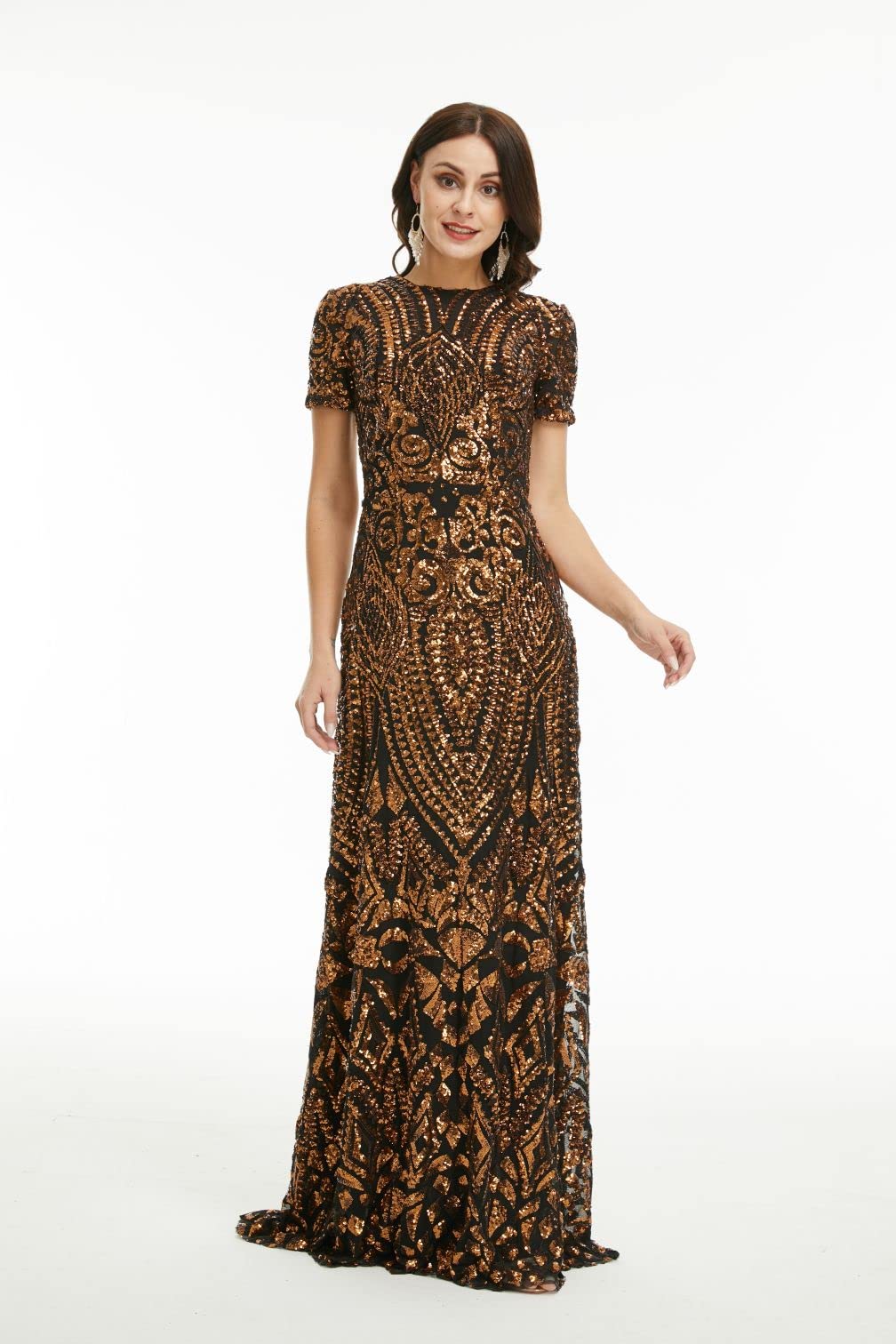 Elegant A-Line Short Sleeve Evening Dress with Sequins - Bridesmaid & Prom Formal Gown for Women | Perfect for Weddings, Parties & Special Occasions