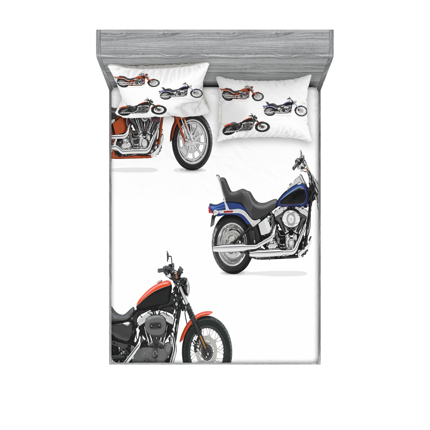 Ambesonne Motorcycle Themed 2-Pack Queen Size Fitted Sheets & 4 Pillow Sham Set - Hippie Style Bohemian Bedding Decor in Orange & Black - Perfect for Biker Themed Bedrooms, Motorcycle Enthusiast Gifts, and Unique Home Decor