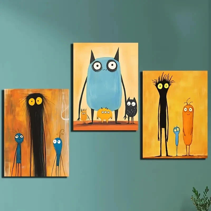 3-Piece Owls, Aliens & Friends Modern Wall Art Set - Framed Canvas 40x60cm (16x24in) - High Quality Australian Made Prints - Ready to Hang for Living Room, Bedroom or Office Decor