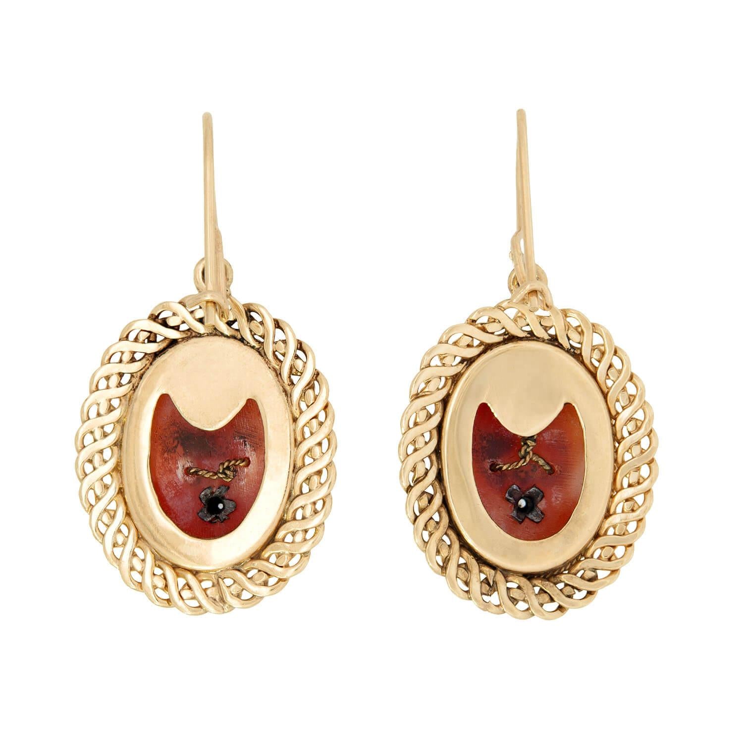 Vintage 14k Gold Diamond Cameo Drop Earrings – Elegant Dangle Jewelry for Women, Perfect for Weddings, Parties & Special Occasions