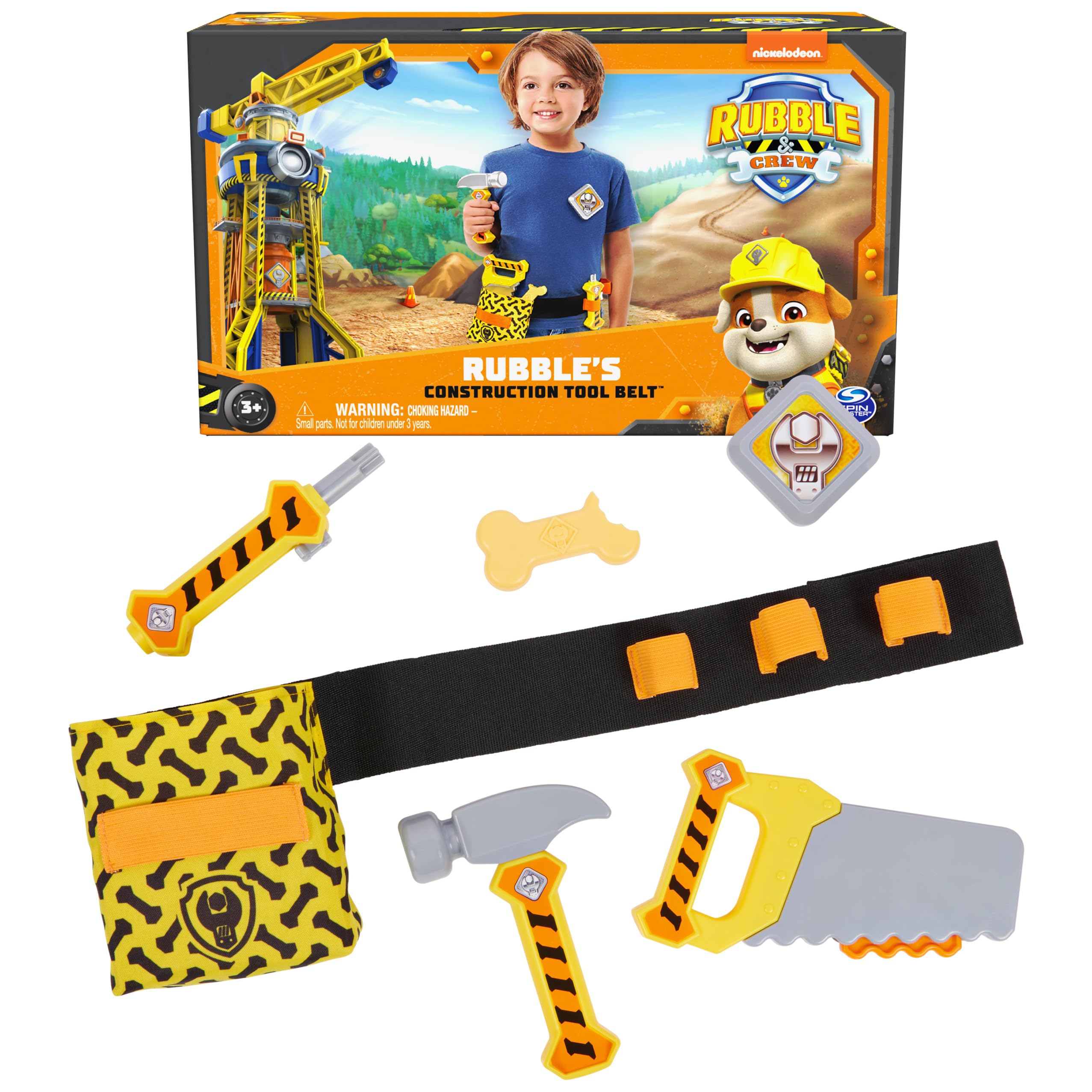 Rubble & Crew Kids Construction Tool Belt Set - 6-Piece Pretend Play Costume with Toy Tools for Ages 3+ | STEM Learning & Role Play Dress-Up for Toddlers