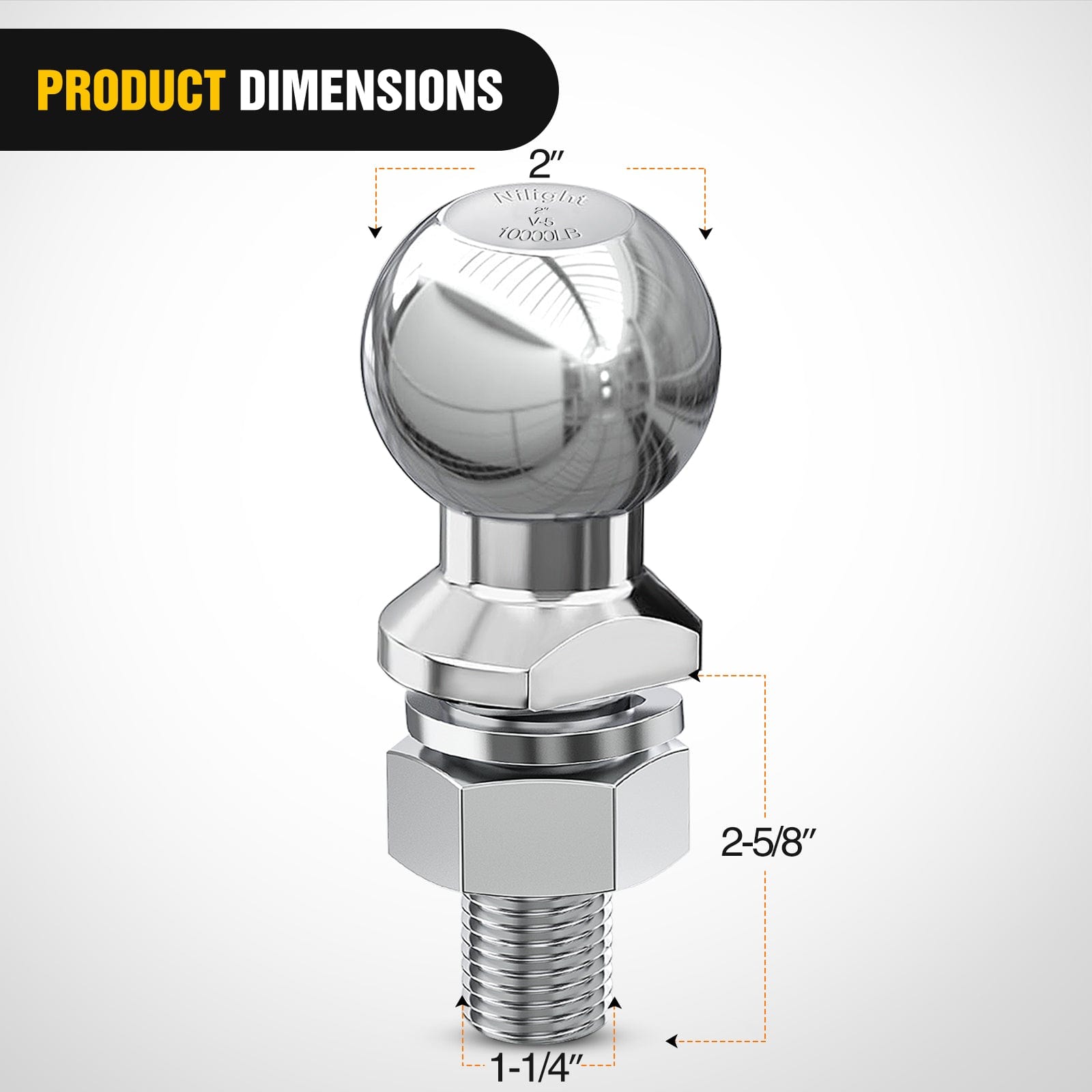 2-Inch Diameter Chrome Trailer Hitch Ball - 1-1/4
