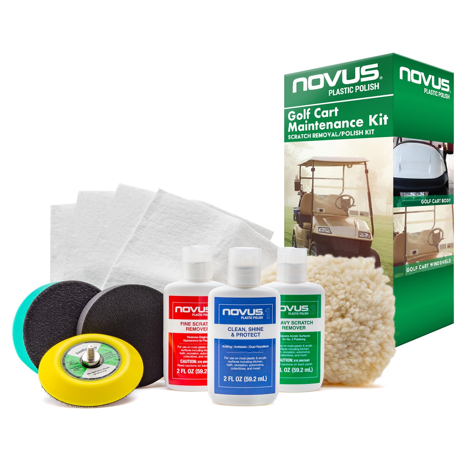 NOVUS Plastic Polish Kit for Golf Cart Maintenance - Includes #3, #2, #1 Polish (2oz Each), Buffing Pads, Drill Attachment, 3