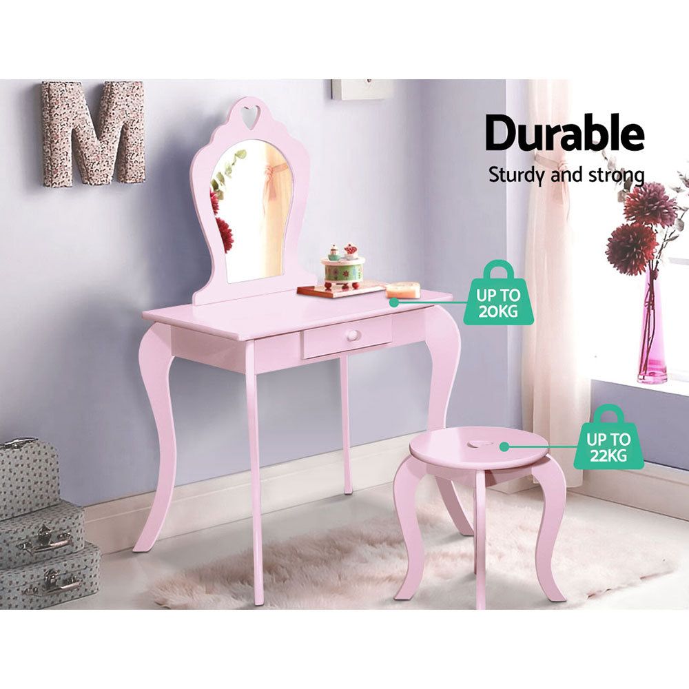 Keezi Kids Dressing Table and Stool Set with Vanity Mirror - Pink Princess Makeup Play Set for Girls - Perfect for Pretend Play, Birthday Gifts & Bedroom Decor