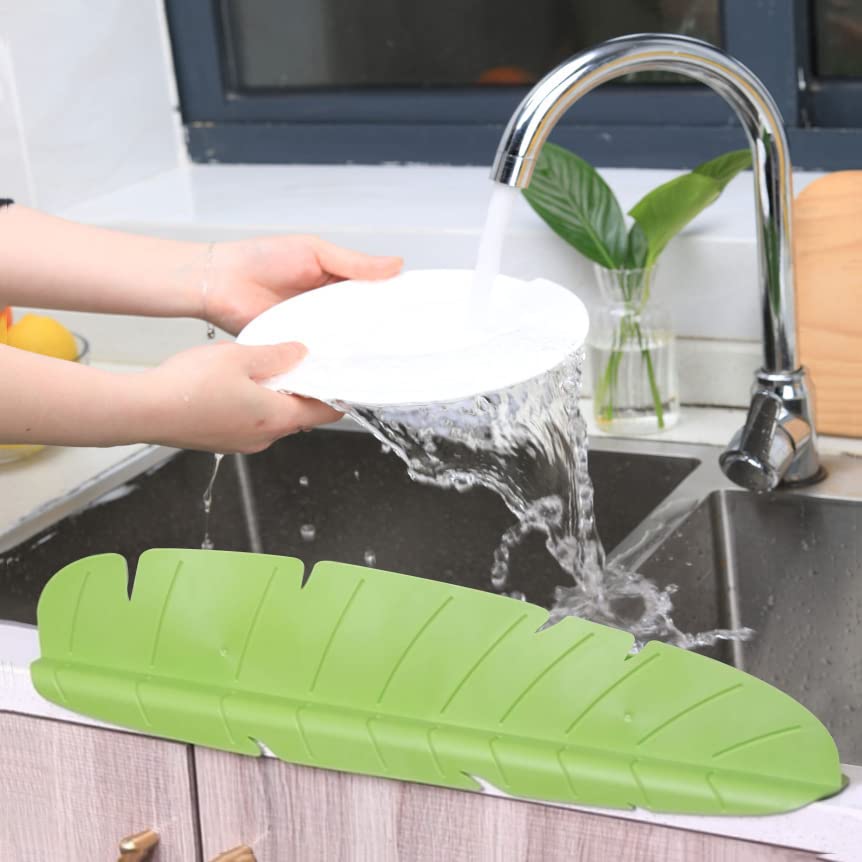 **YEmirth Elastic Kitchen Sink Splash Guard - Reusable Banana Leaf Design Water Splashing Protector for Dish Washing (Green) | Prevents Countertop Mess While Cleaning Pots & Dishes**