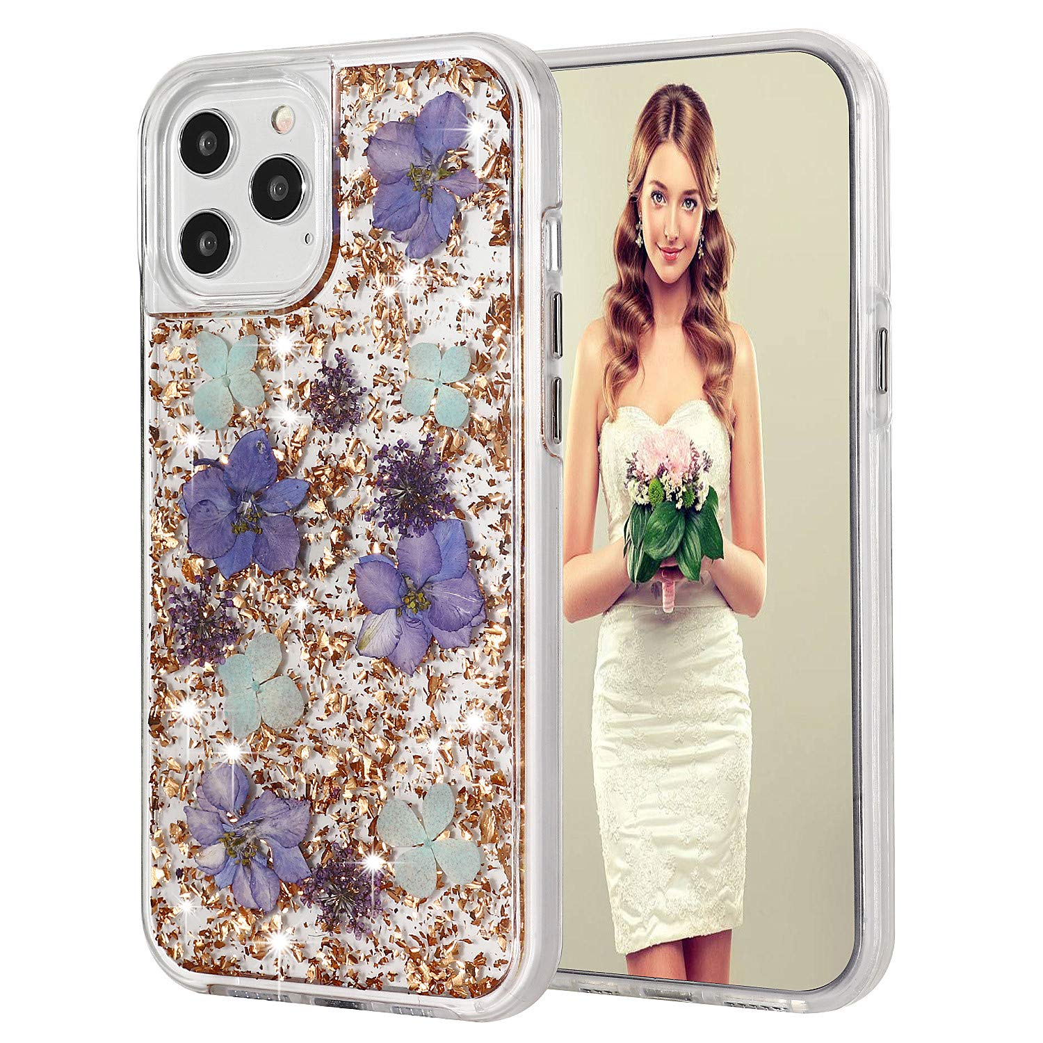 Luxury iPhone 12 Pro Max Case for Women - Sparkling Glitter Floral Design with Clear TPU Bumper | Protective Hard Back Cover for iPhone 12 Pro Max 6.7