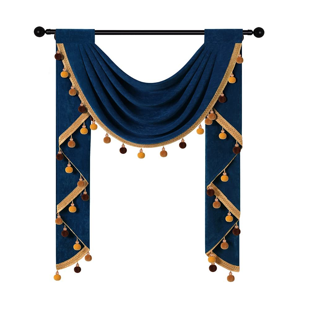 ELKCA Navy Blue Velvet Waterfall Valance - Single Hollow Swag Curtain Panel with Rod Pocket for Living Room & Kitchen - Elegant Window Treatment for Home Decor